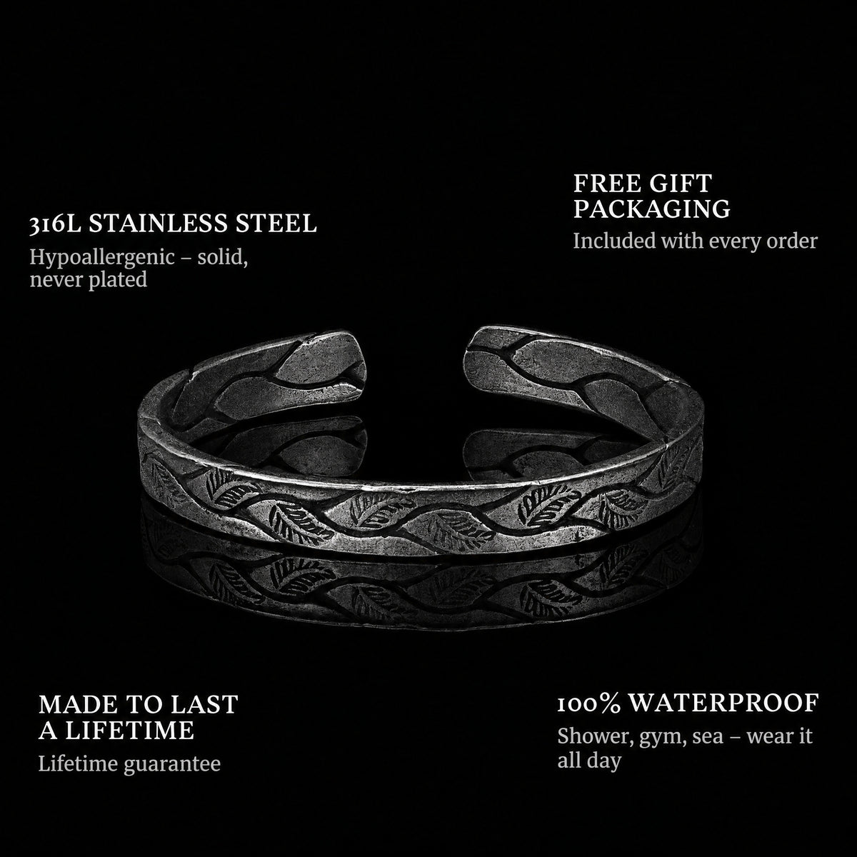 Ancient Roots features: 316L stainless steel, free gift packaging, 100% waterproof, lifetime guarantee
