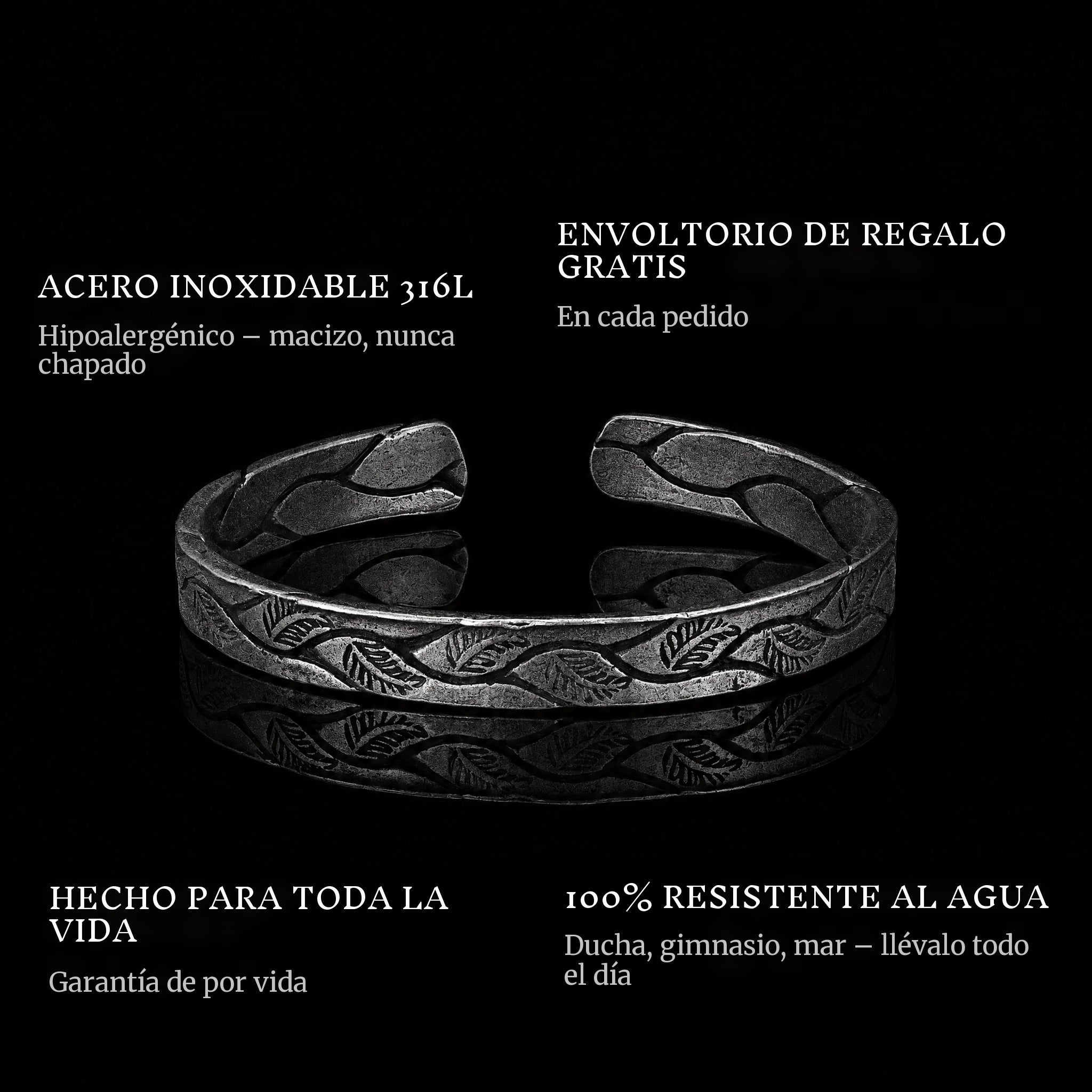 Ancient Roots features: 316L stainless steel, free gift packaging, 100% waterproof, lifetime guarantee