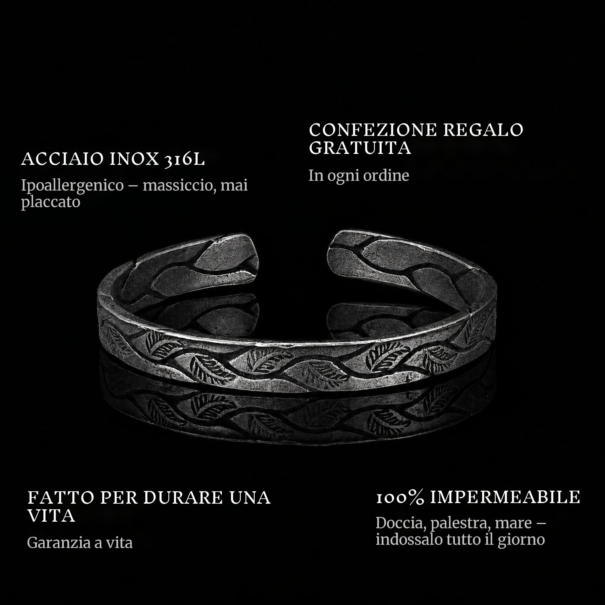 Ancient Roots features: 316L stainless steel, free gift packaging, 100% waterproof, lifetime guarantee