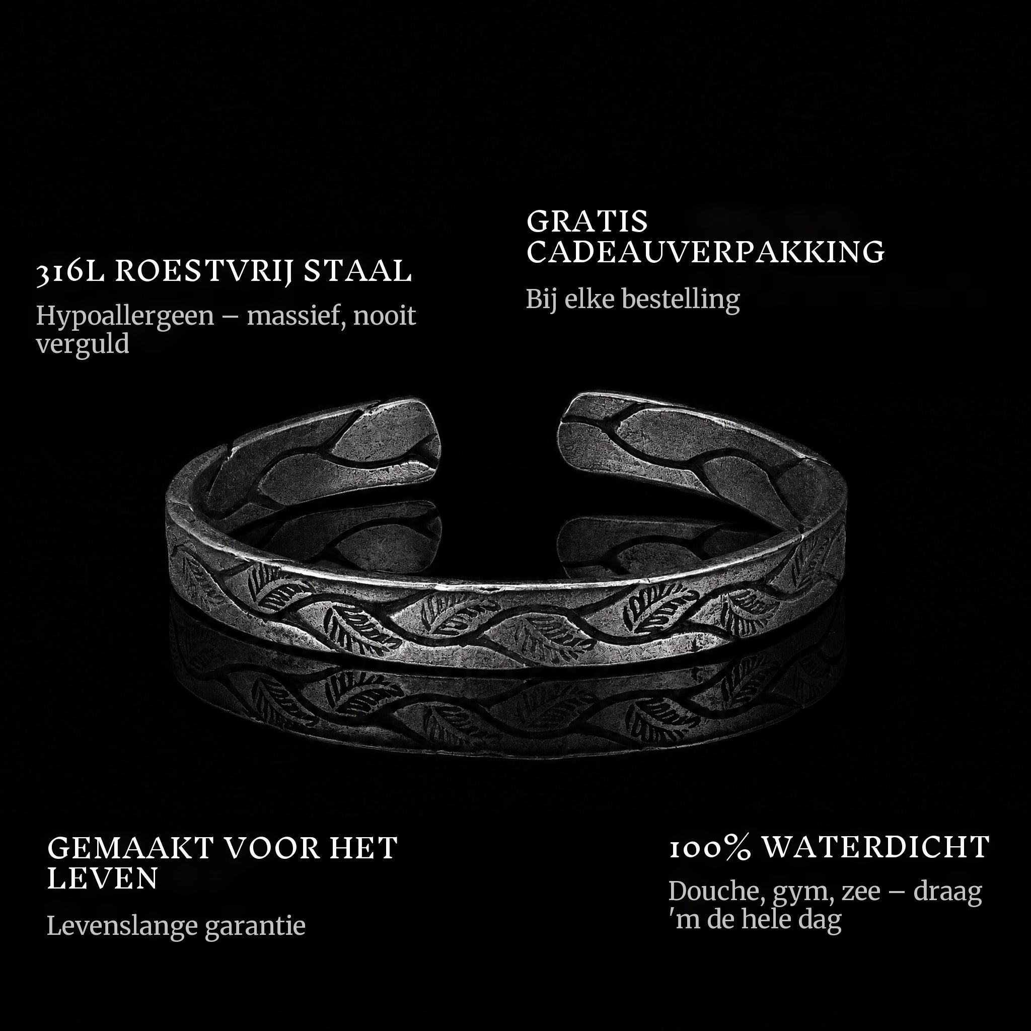 Ancient Roots features: 316L stainless steel, free gift packaging, 100% waterproof, lifetime guarantee