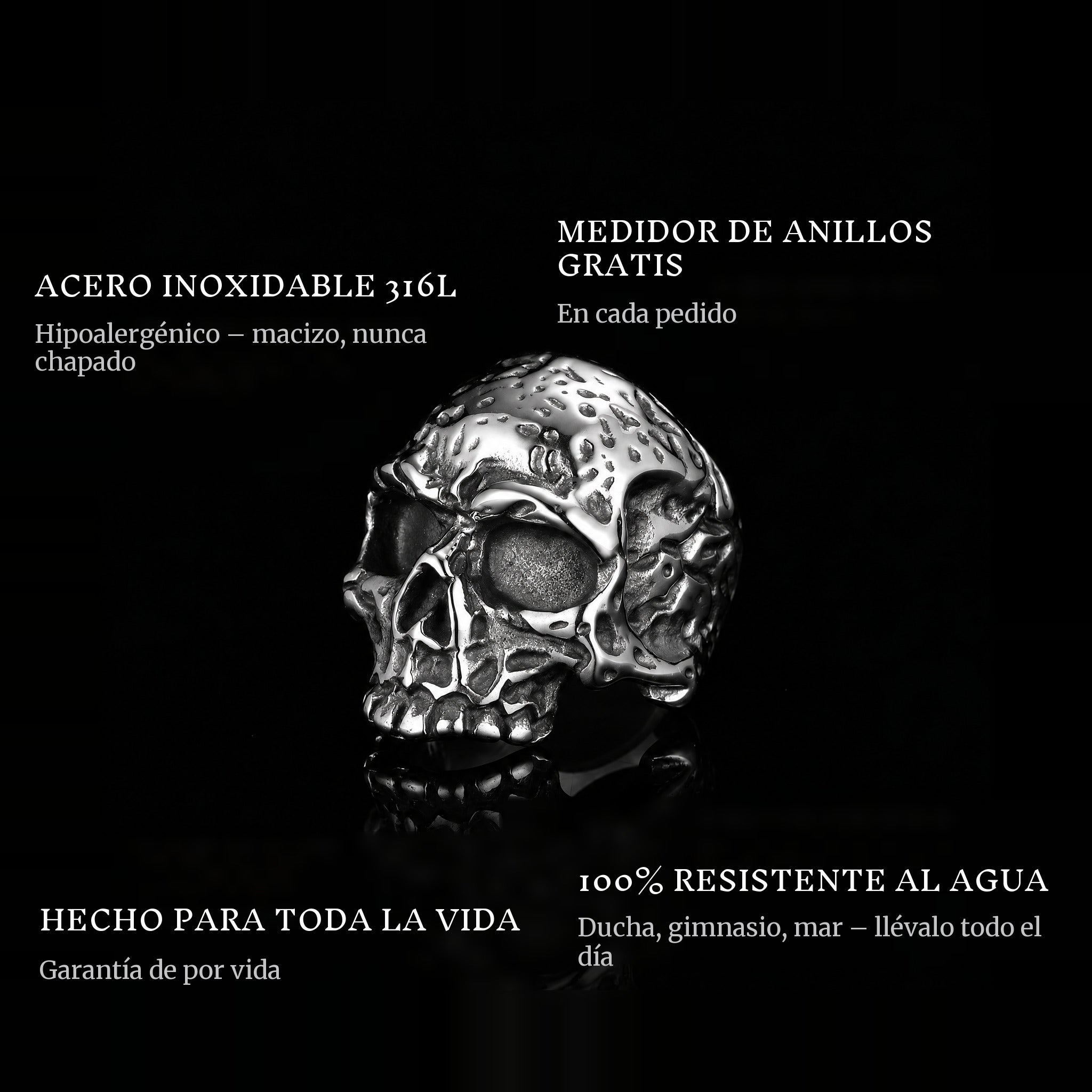 Ancient Skull ring features: 316L stainless steel, free ring sizer in every order, 100% waterproof, lifetime guarantee
