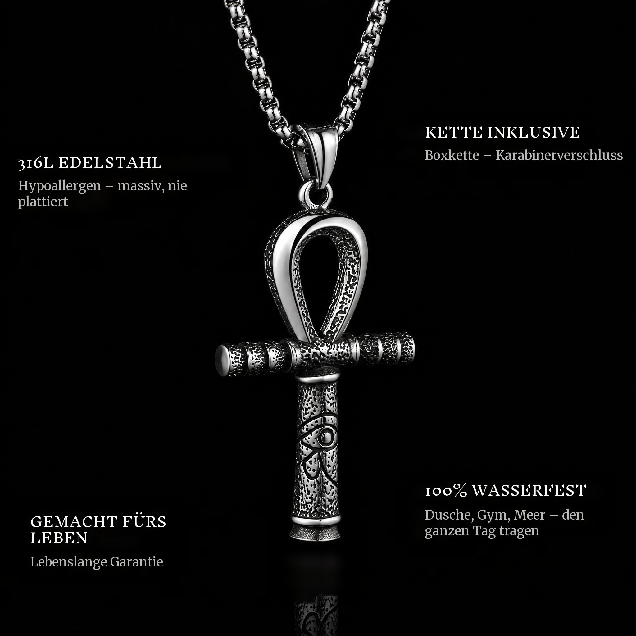 Ankh pendant features: 316L stainless steel, chain included, 100% waterproof, lifetime guarantee