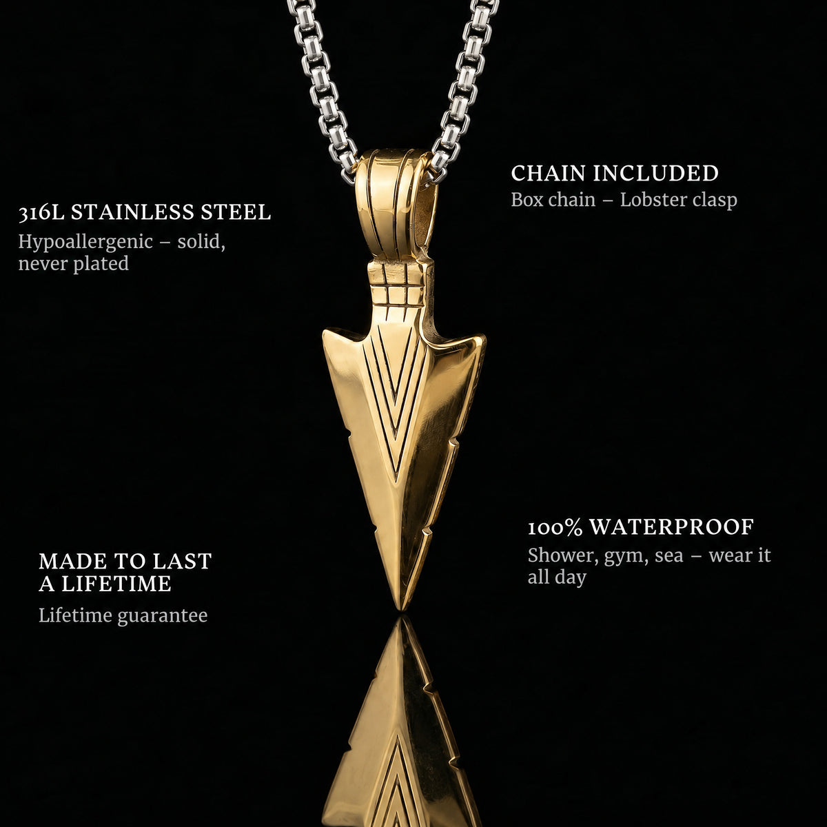 Arrow Gold pendant features: 316L stainless steel, chain included, 100% waterproof, lifetime guarantee