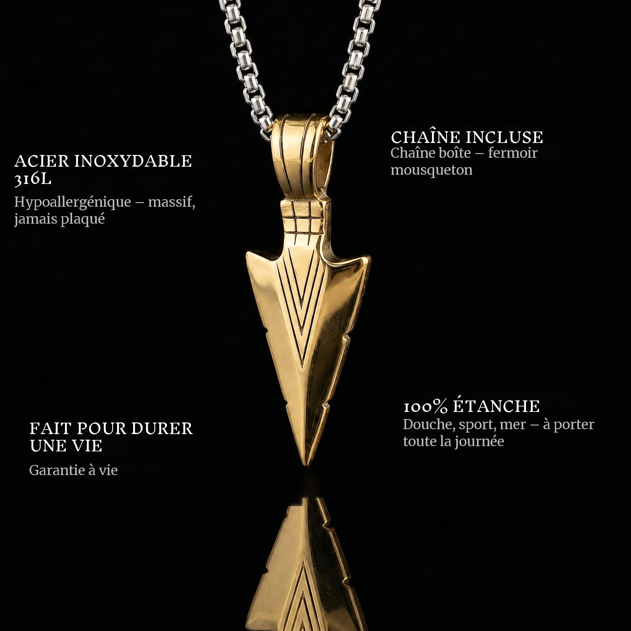 Arrow Gold pendant features: 316L stainless steel, chain included, 100% waterproof, lifetime guarantee