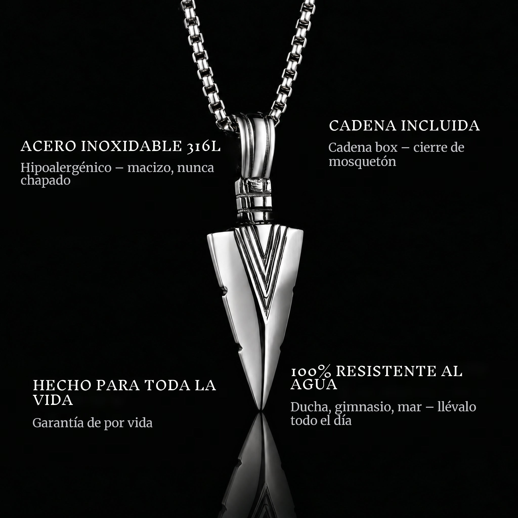 Arrow pendant features: 316L stainless steel, chain included, 100% waterproof, lifetime guarantee