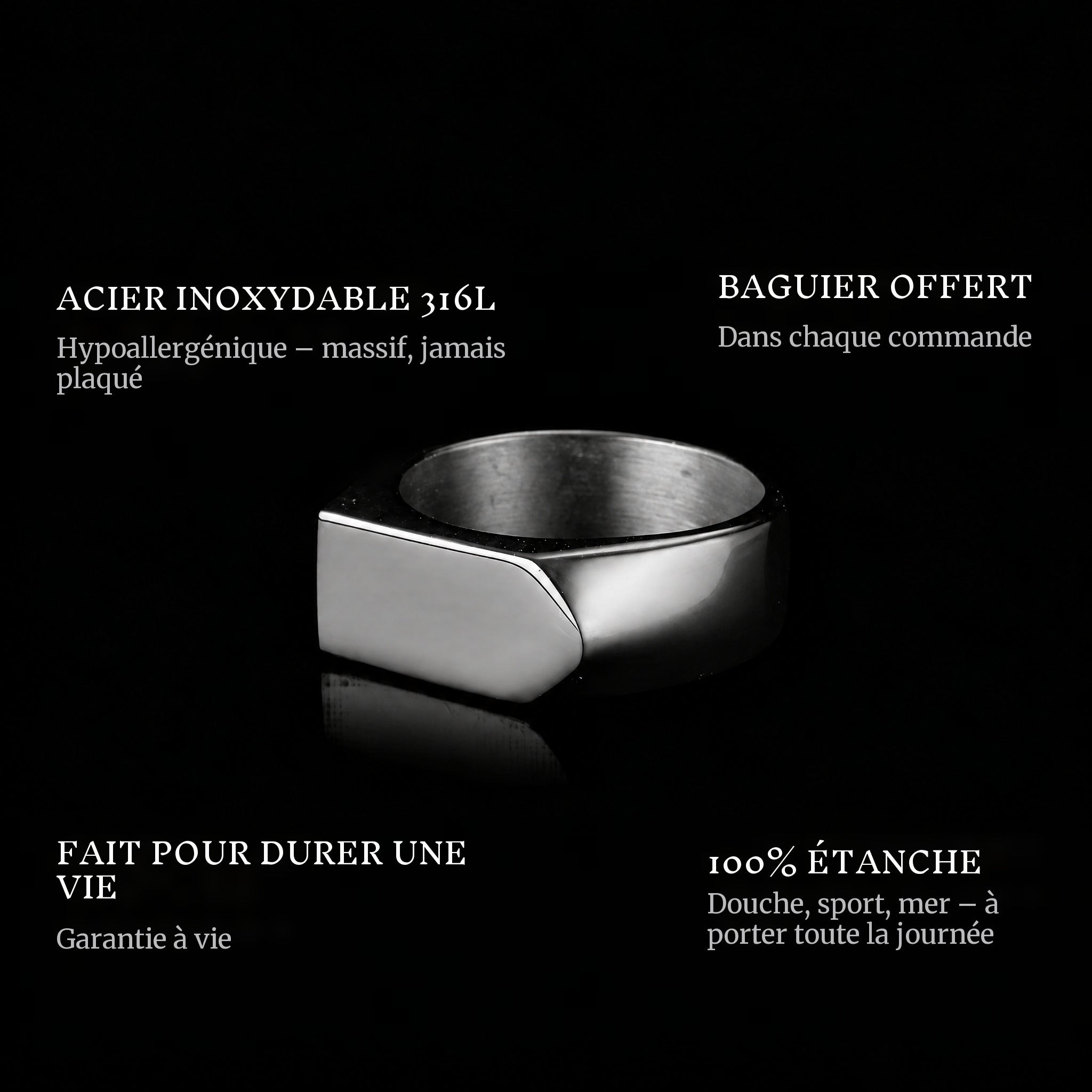 Arrow Black ring features: 316L stainless steel, free ring sizer in every order, 100% waterproof, lifetime guarantee