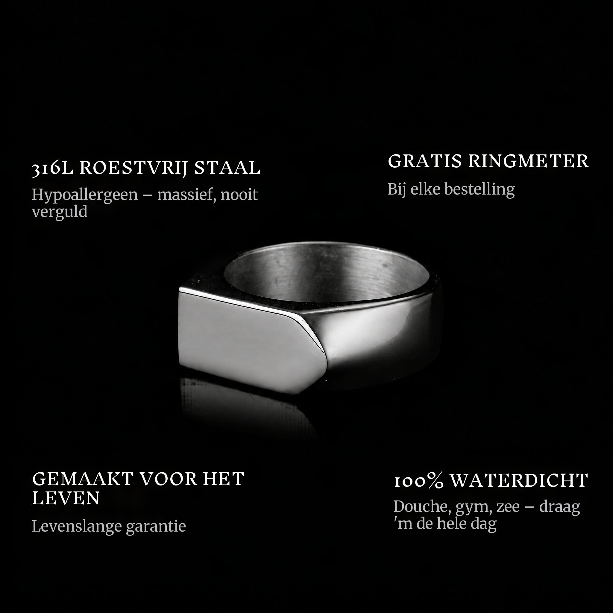 Arrow Black ring features: 316L stainless steel, free ring sizer in every order, 100% waterproof, lifetime guarantee