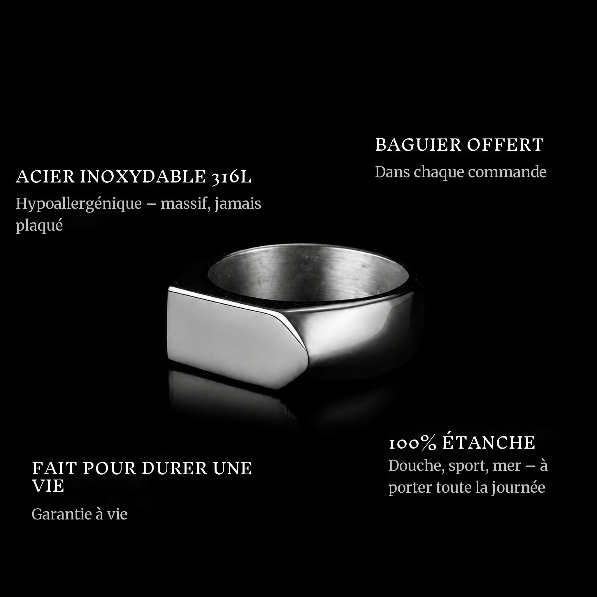 Arrow ring features: 316L stainless steel, free ring sizer in every order, 100% waterproof, lifetime guarantee