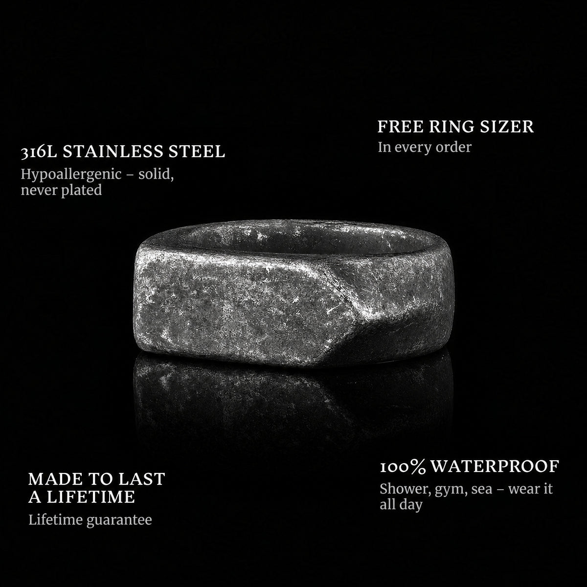 Arrow Gray ring features: 316L stainless steel, free ring sizer in every order, 100% waterproof, lifetime guarantee
