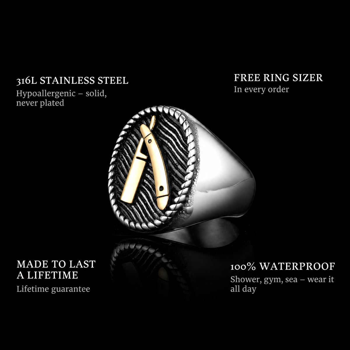 Barber Cut Gold ring features: 316L stainless steel, free ring sizer in every order, 100% waterproof, lifetime guarantee