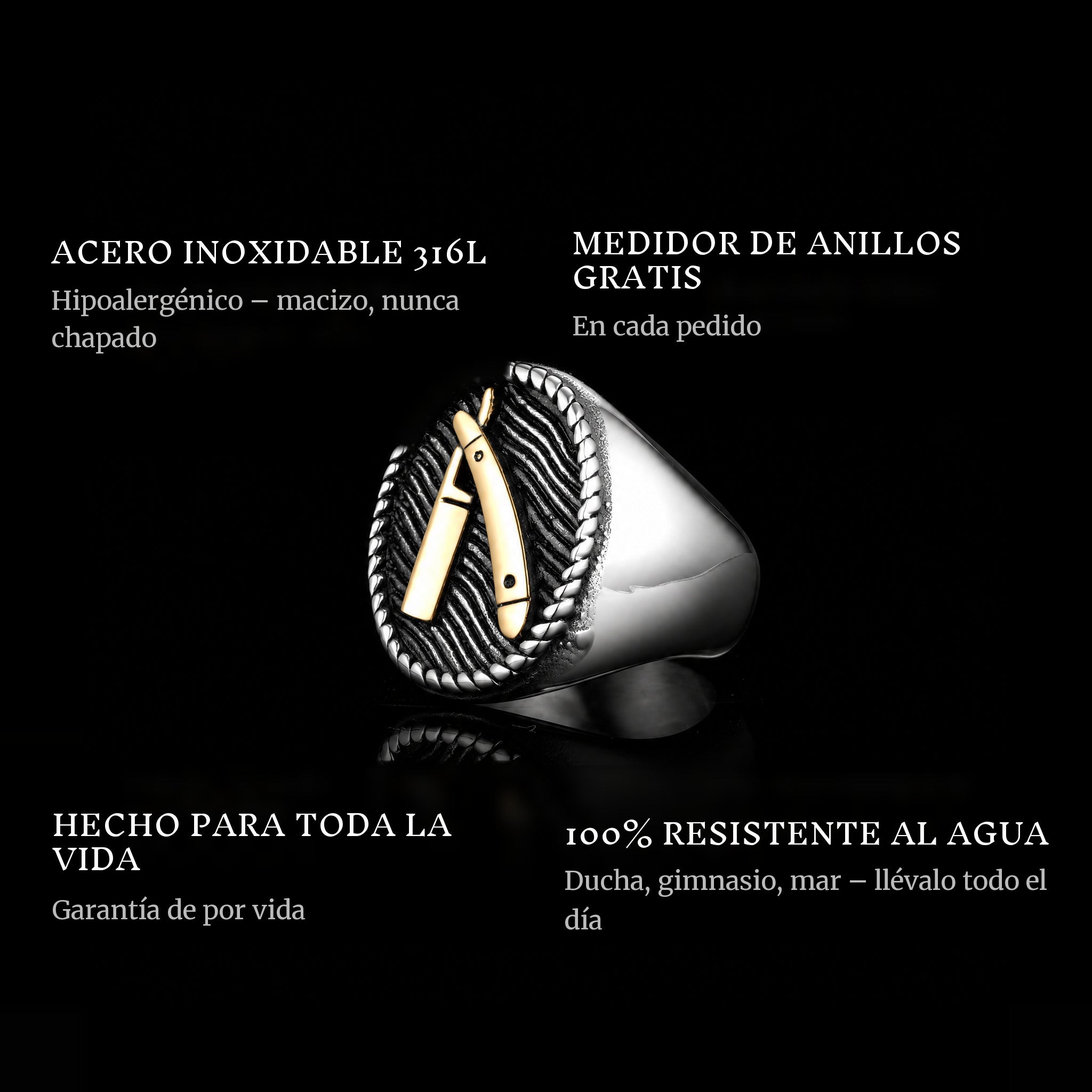 Barber Cut Gold ring features: 316L stainless steel, free ring sizer in every order, 100% waterproof, lifetime guarantee