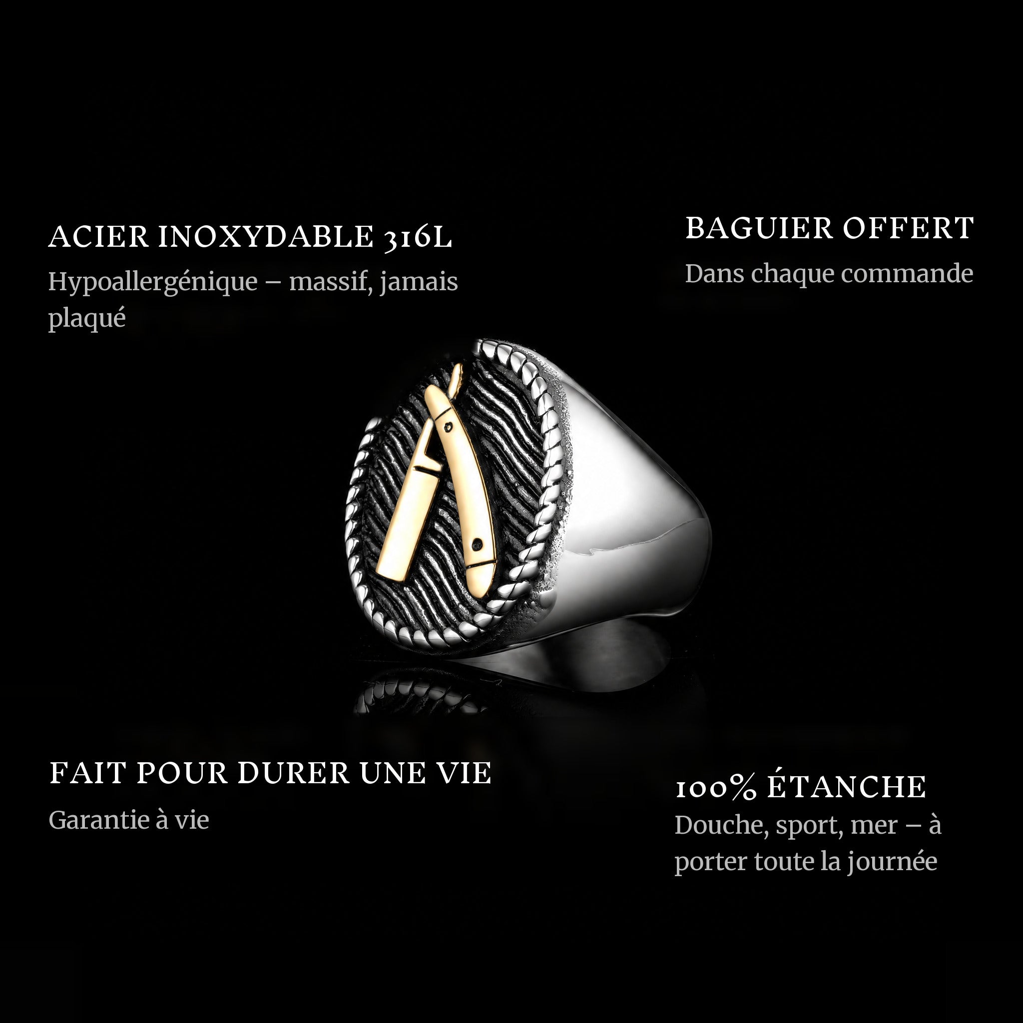 Barber Cut Gold ring features: 316L stainless steel, free ring sizer in every order, 100% waterproof, lifetime guarantee