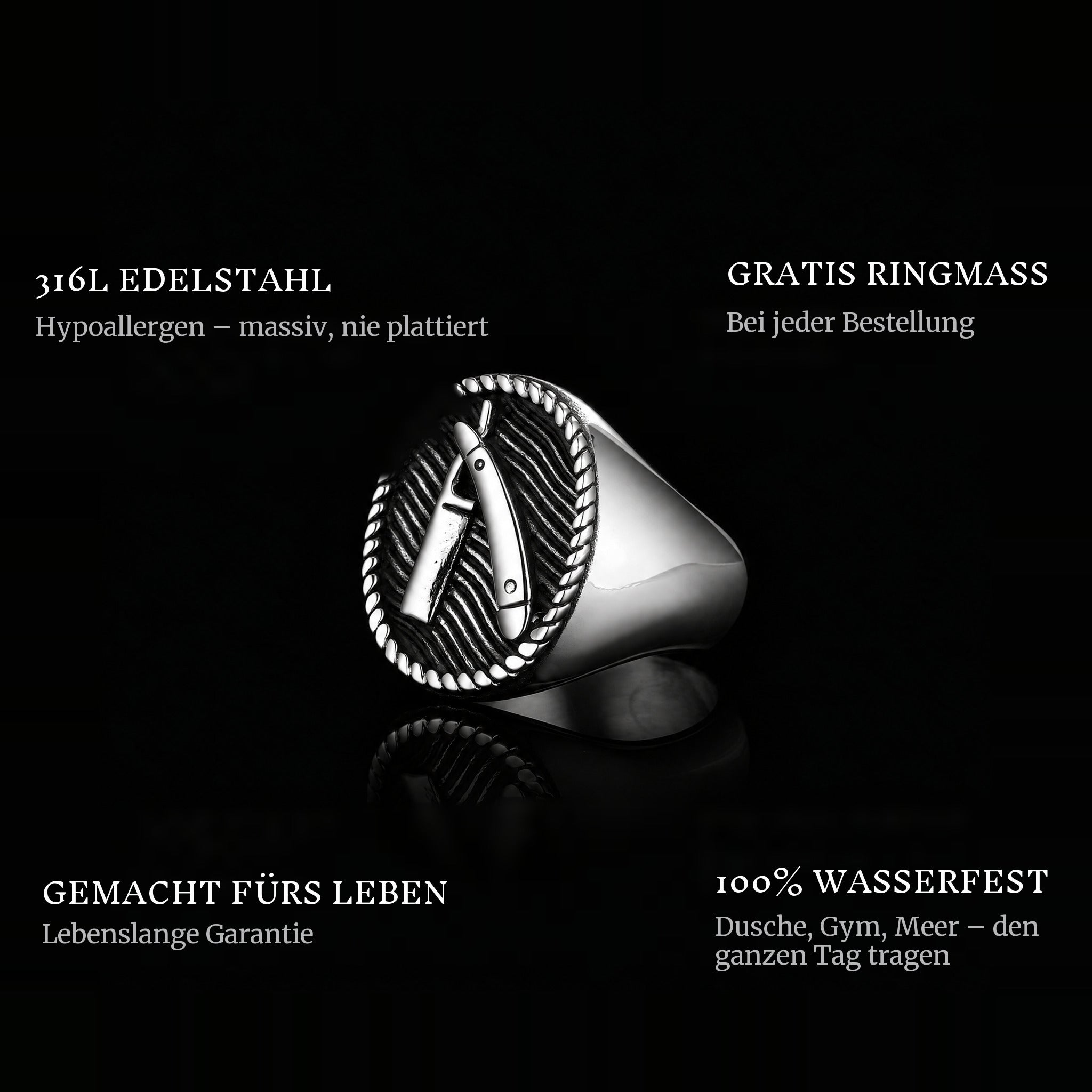 Barber Cut ring features: 316L stainless steel, free ring sizer in every order, 100% waterproof, lifetime guarantee