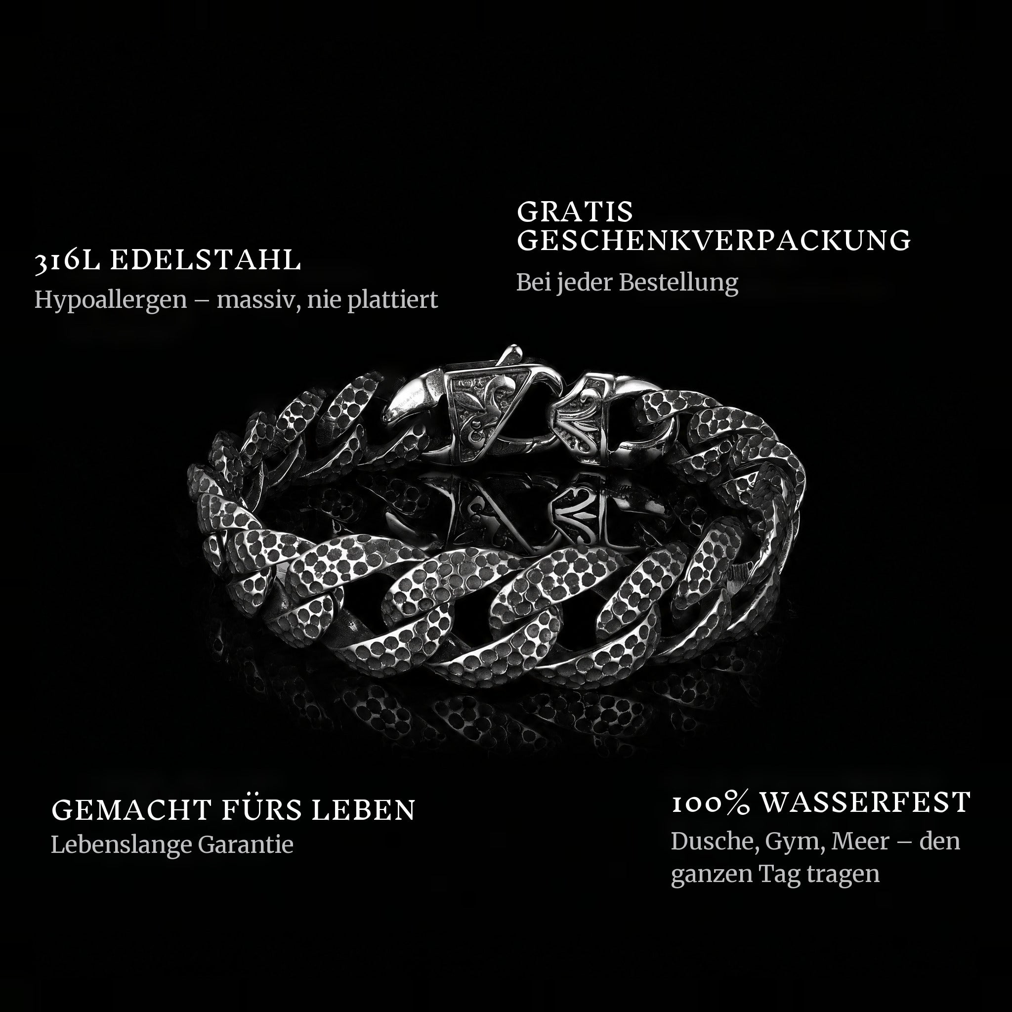 Battle Steel features: 316L stainless steel, free gift packaging, 100% waterproof, lifetime guarantee