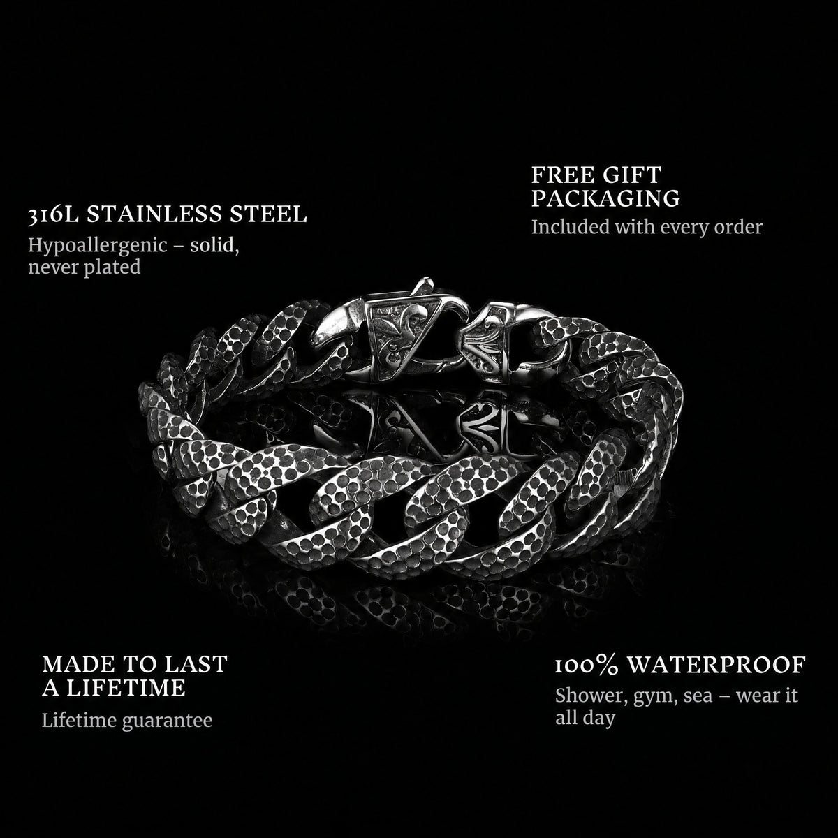 Battle Steel features: 316L stainless steel, free gift packaging, 100% waterproof, lifetime guarantee