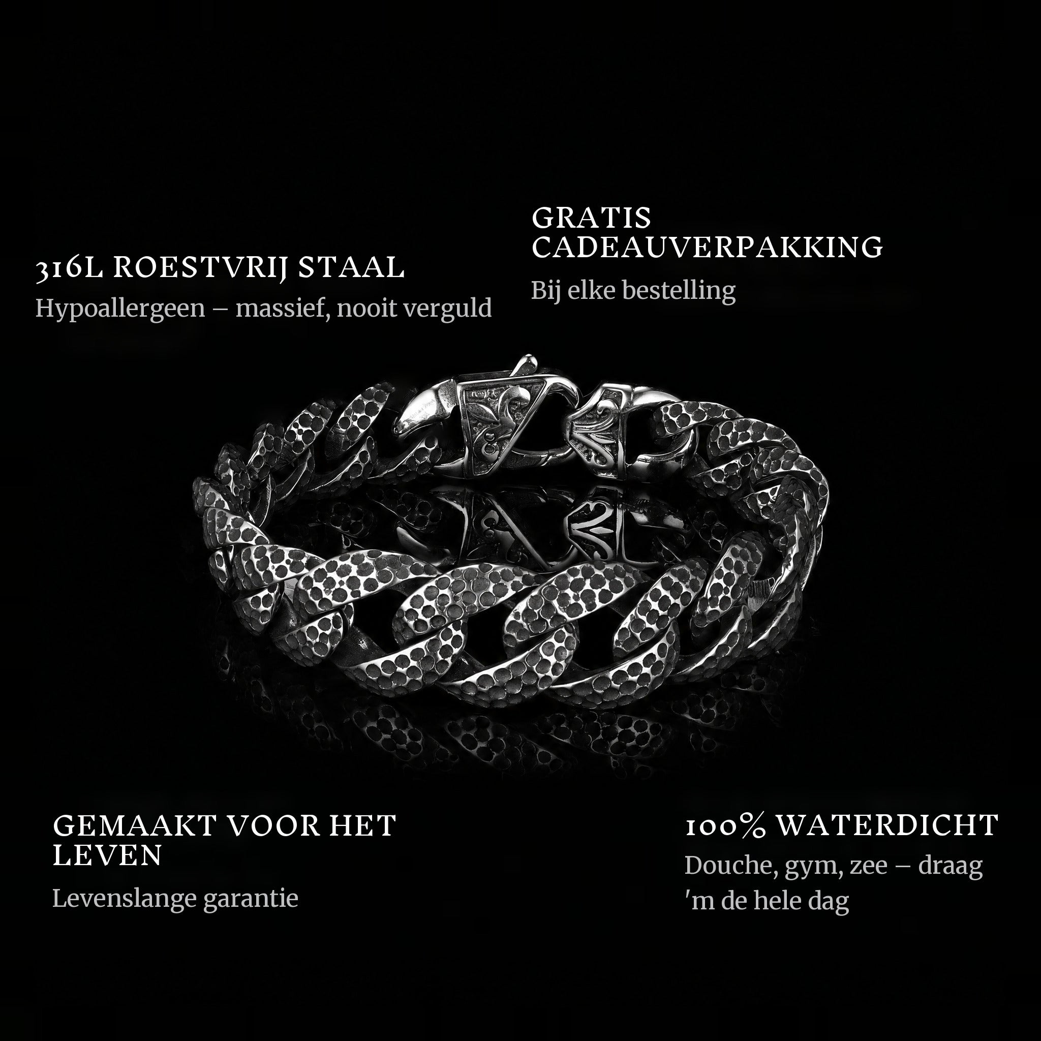 Battle Steel features: 316L stainless steel, free gift packaging, 100% waterproof, lifetime guarantee