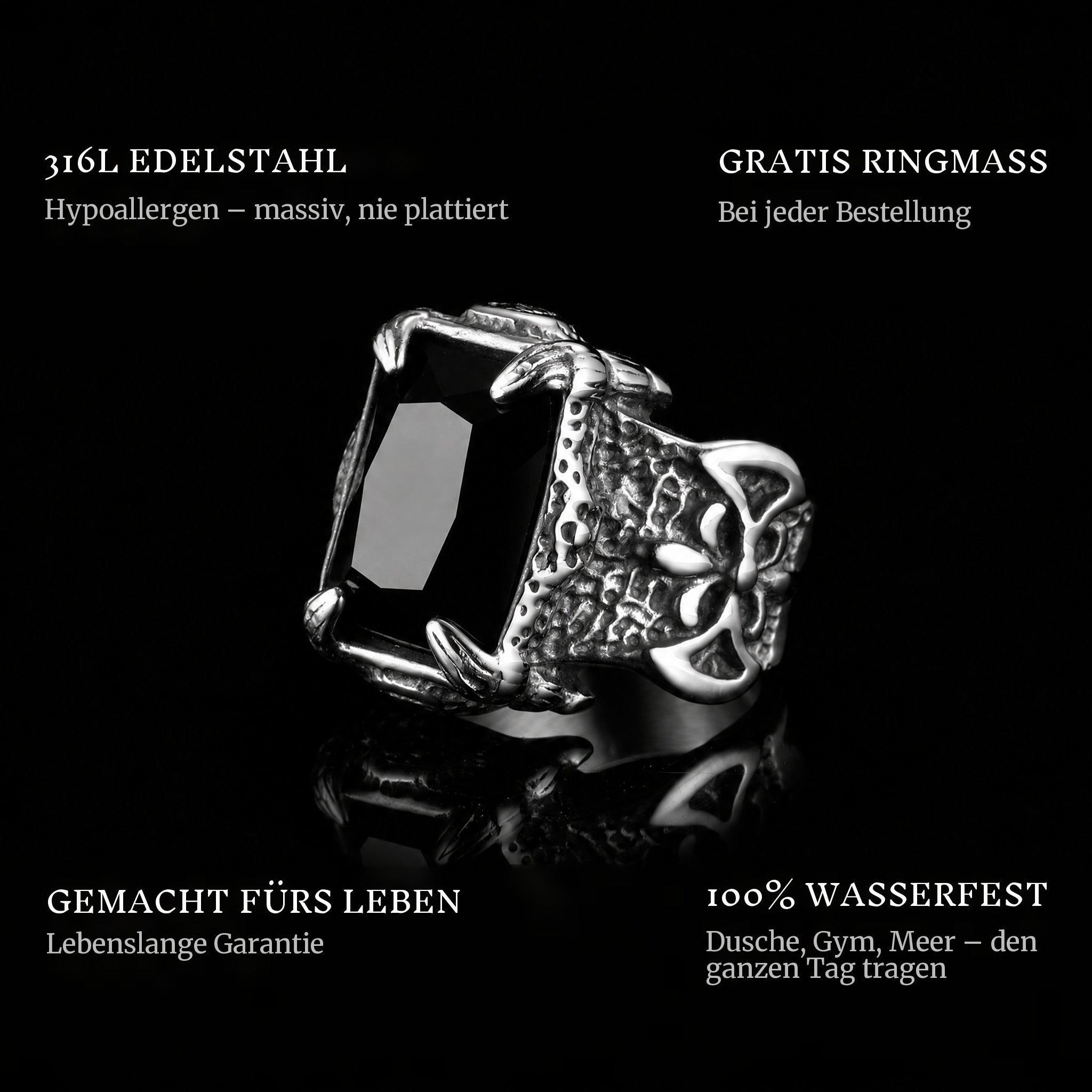 Black Coffin ring features: 316L stainless steel, free ring sizer in every order, 100% waterproof, lifetime guarantee