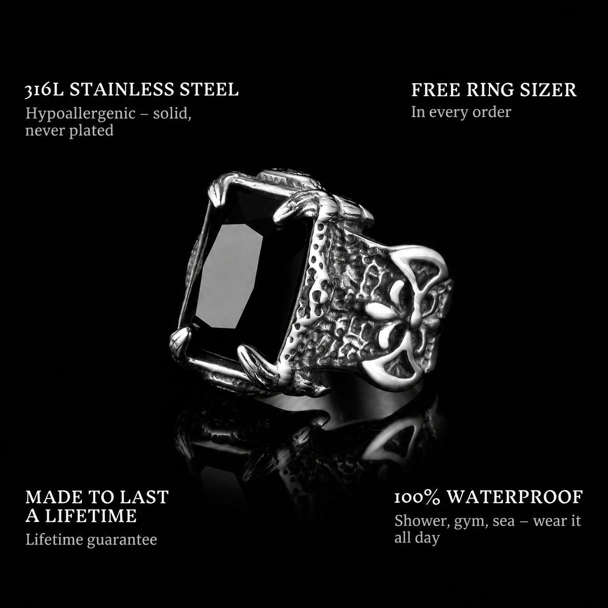 Black Coffin ring features: 316L stainless steel, free ring sizer in every order, 100% waterproof, lifetime guarantee