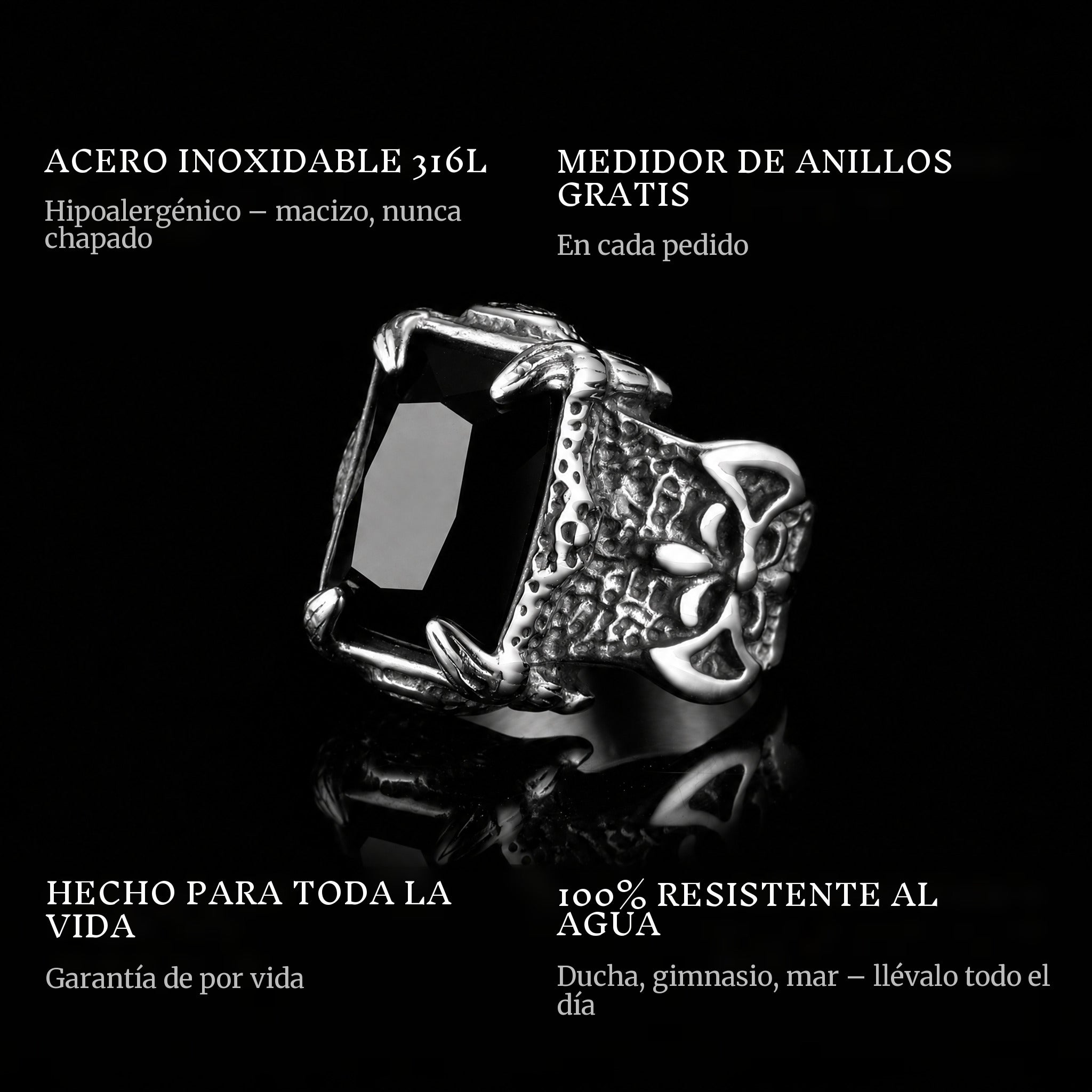 Black Coffin ring features: 316L stainless steel, free ring sizer in every order, 100% waterproof, lifetime guarantee