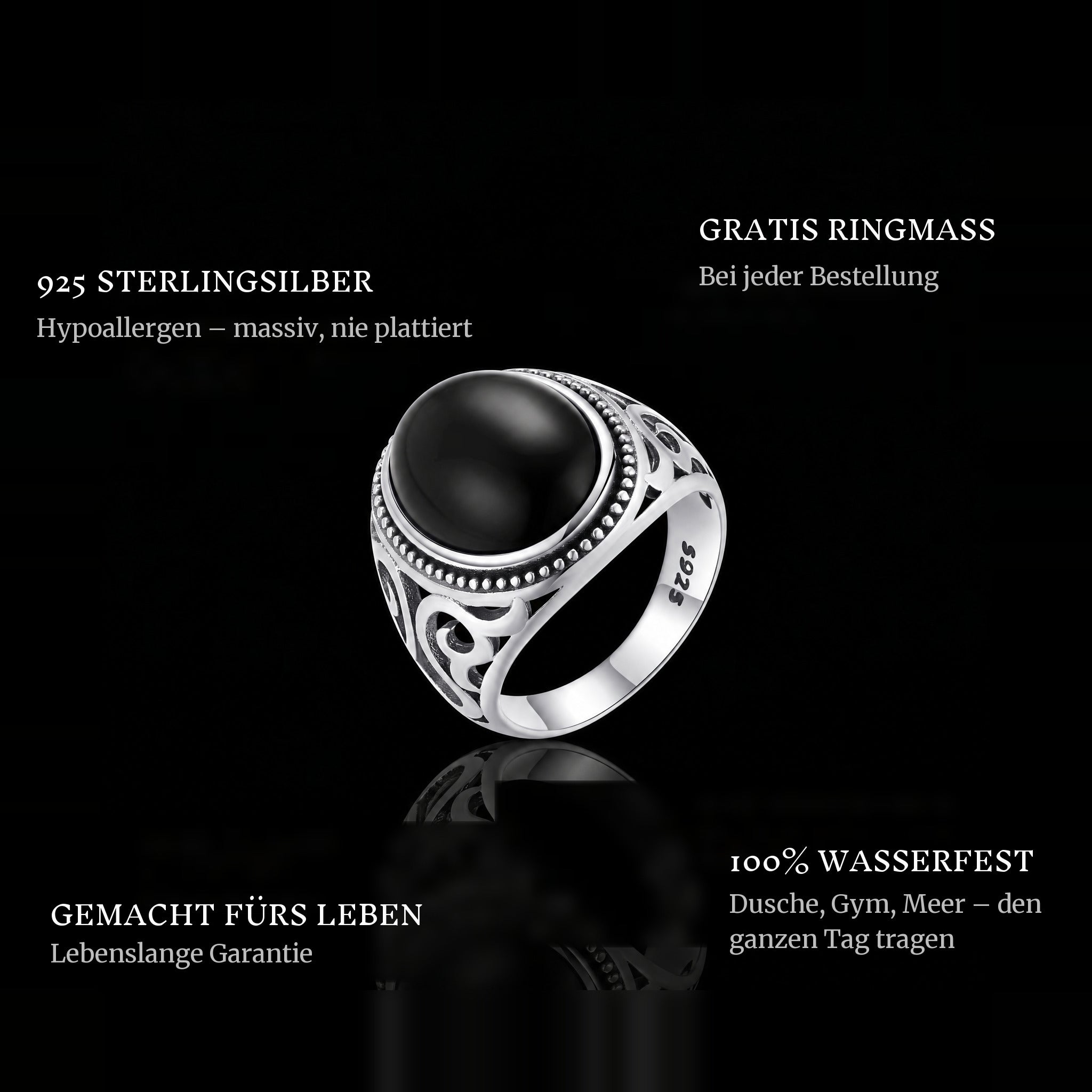 Black Eyes ring features: 925 sterling silver, free ring sizer in every order, 100% waterproof, lifetime guarantee