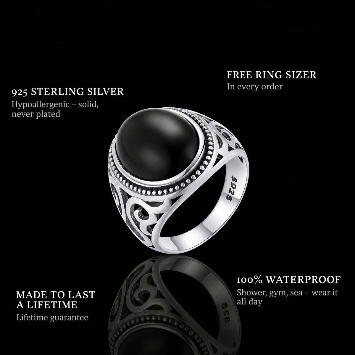 Black Eyes ring features: 925 sterling silver, free ring sizer in every order, 100% waterproof, lifetime guarantee