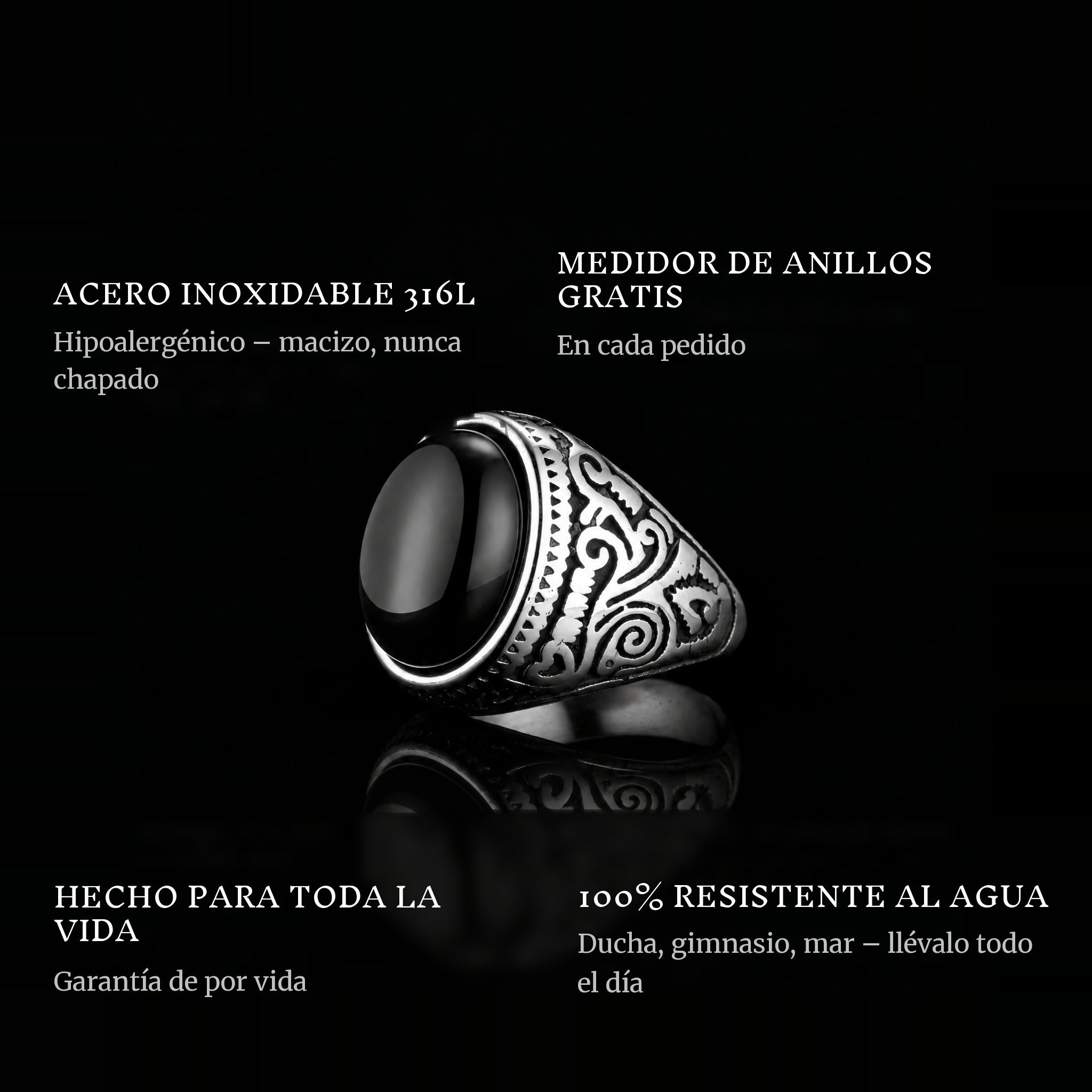 Black Eyes ring features: 316L stainless steel, free ring sizer in every order, 100% waterproof, lifetime guarantee