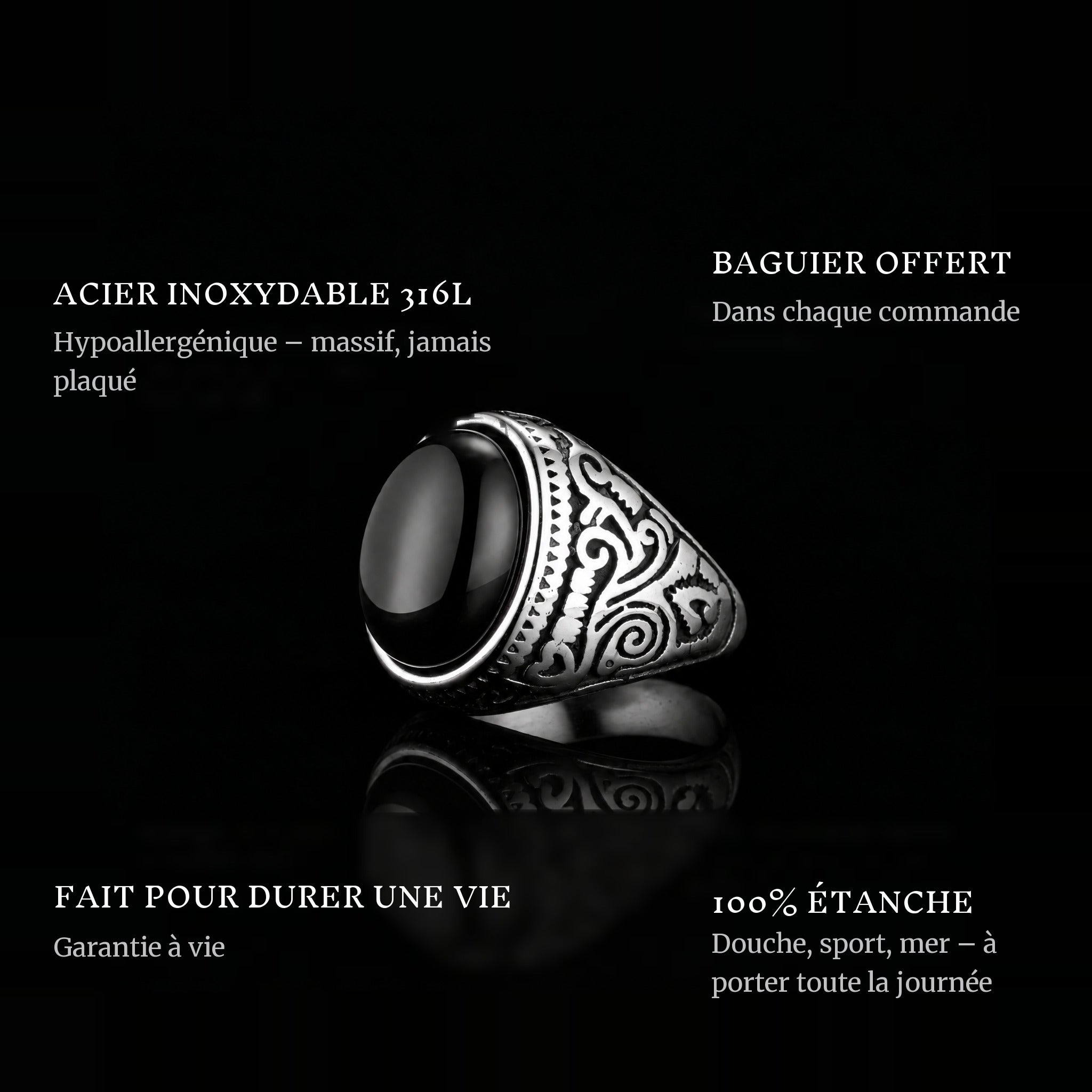 Black Eyes ring features: 316L stainless steel, free ring sizer in every order, 100% waterproof, lifetime guarantee
