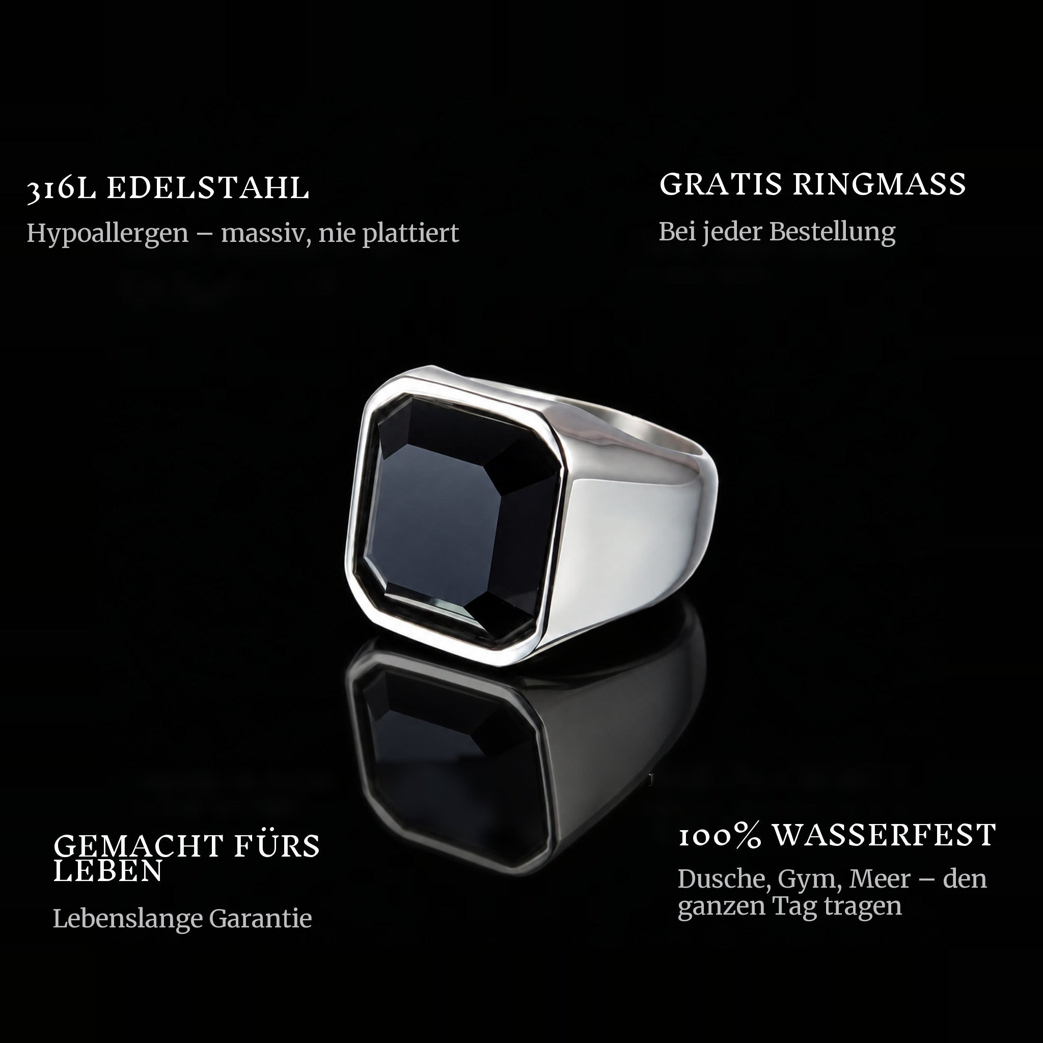 Black Gem ring features: 316L stainless steel, free ring sizer in every order, 100% waterproof, lifetime guarantee