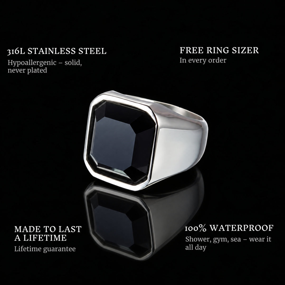 Black Gem ring features: 316L stainless steel, free ring sizer in every order, 100% waterproof, lifetime guarantee
