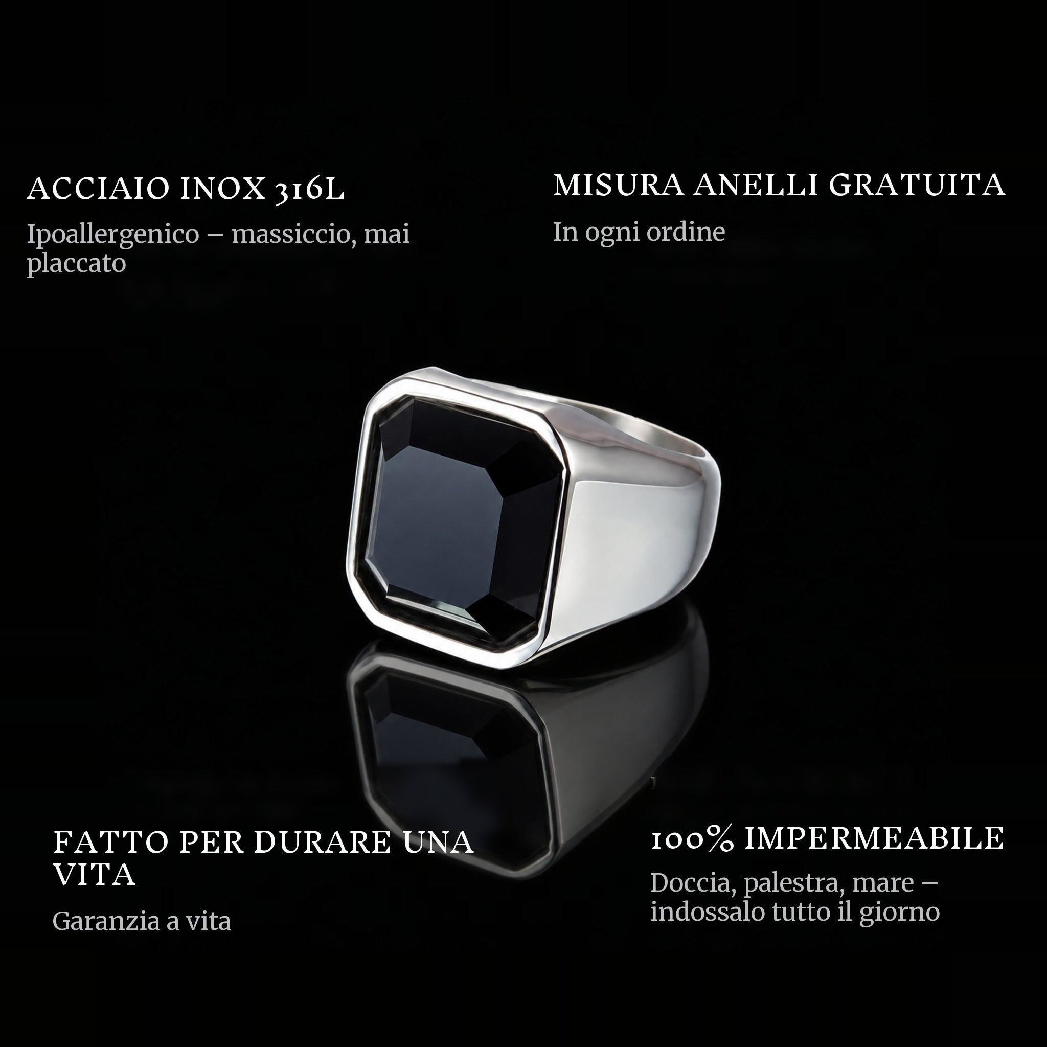 Black Gem ring features: 316L stainless steel, free ring sizer in every order, 100% waterproof, lifetime guarantee