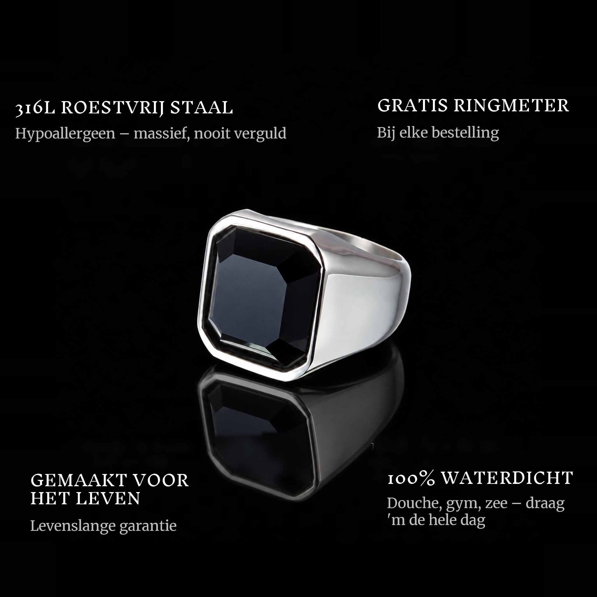 Black Gem ring features: 316L stainless steel, free ring sizer in every order, 100% waterproof, lifetime guarantee