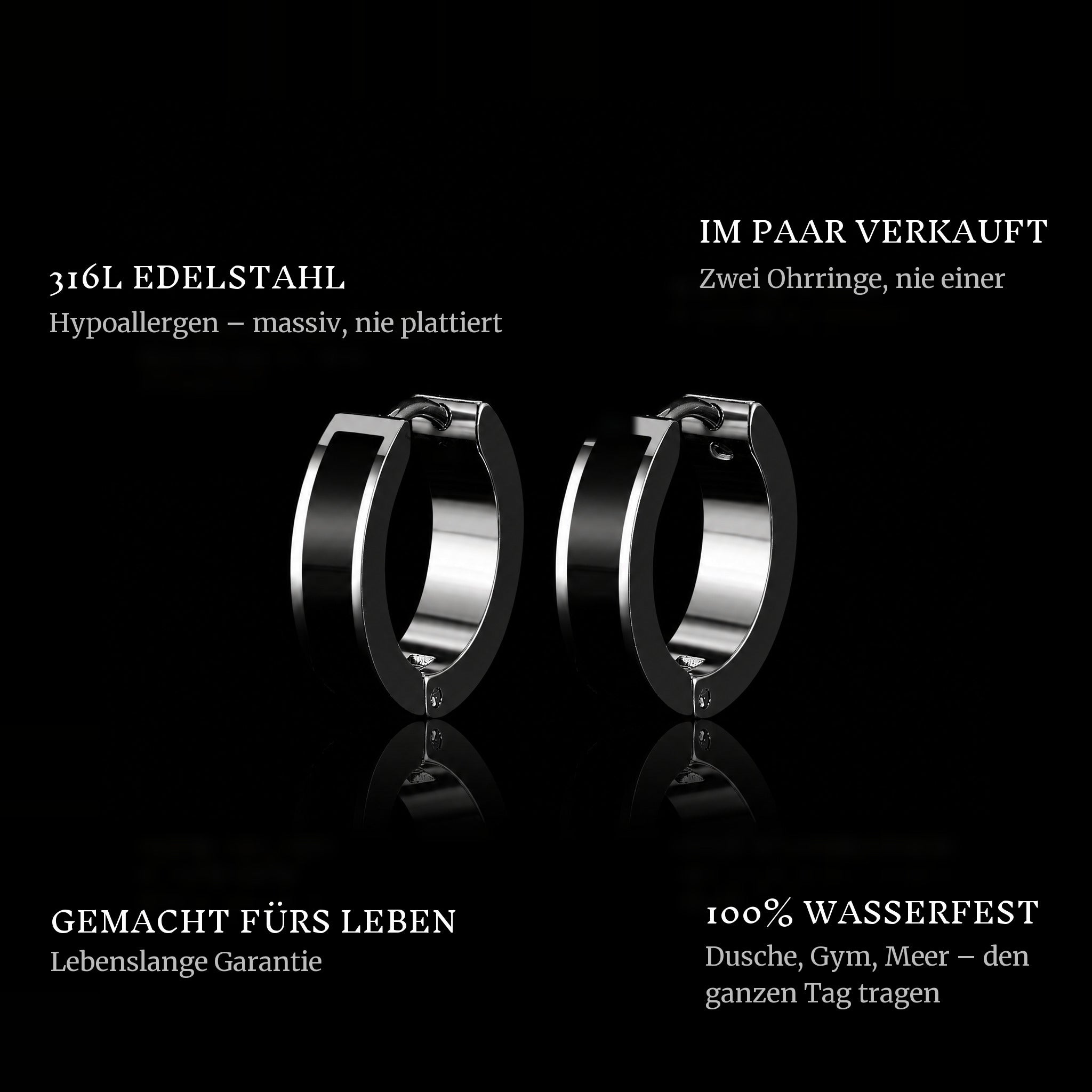 Black Hoops features: 316L stainless steel, sold as a pair, 100% waterproof, lifetime guarantee