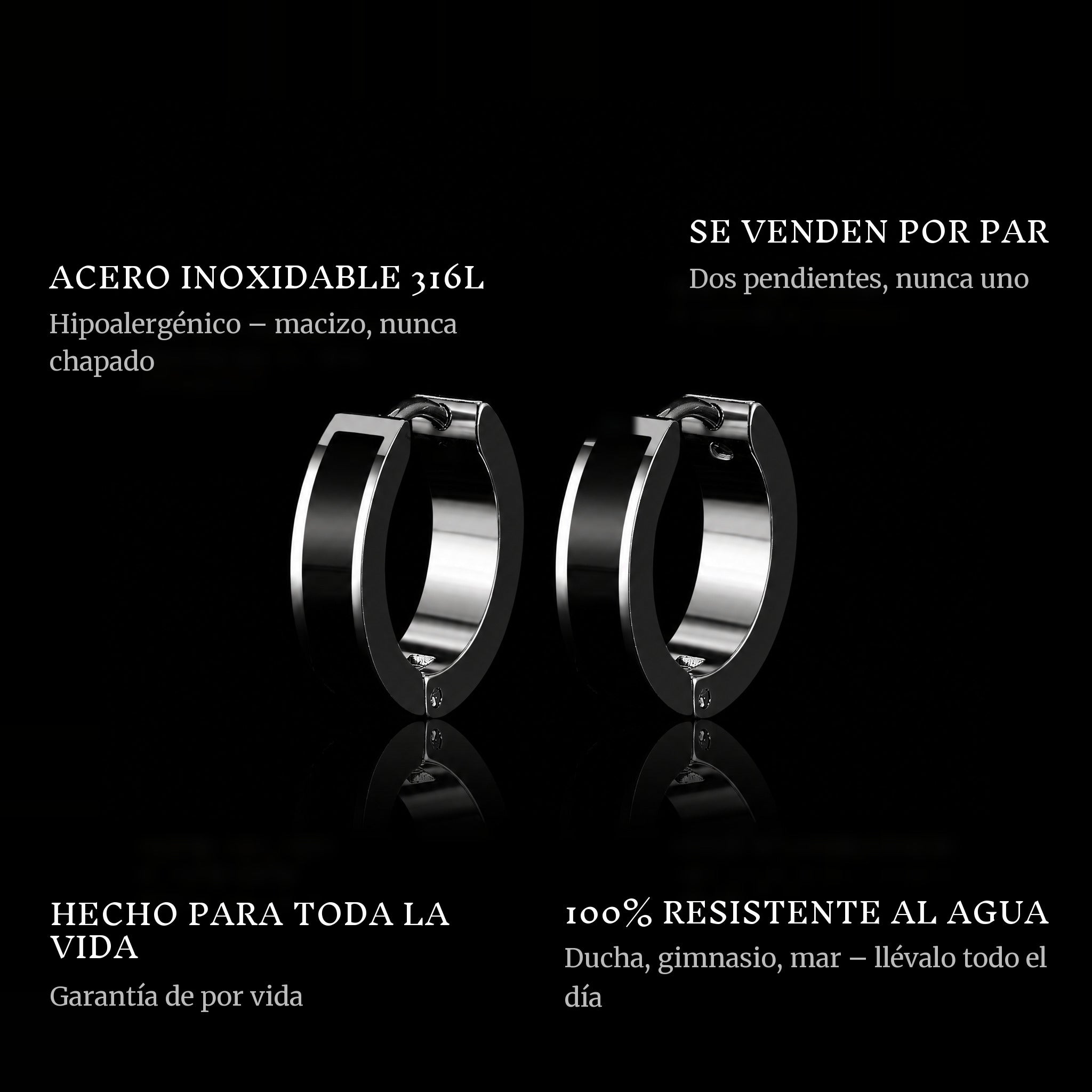 Black Hoops features: 316L stainless steel, sold as a pair, 100% waterproof, lifetime guarantee