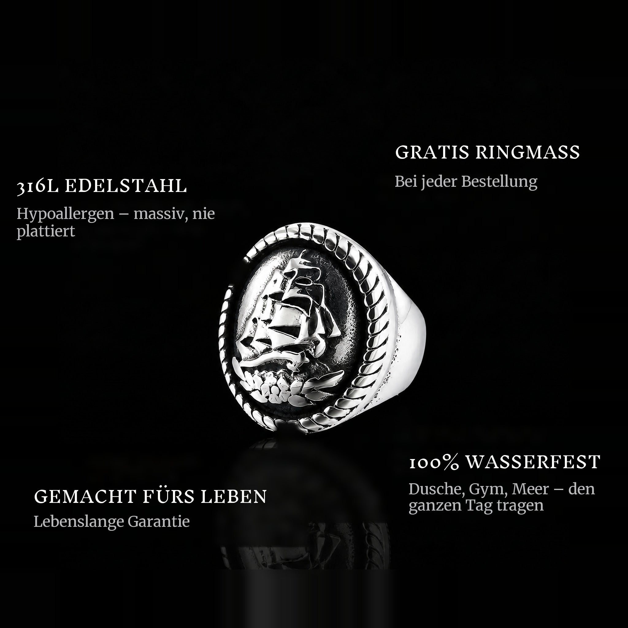 Black Pearl ring features: 316L stainless steel, free ring sizer in every order, 100% waterproof, lifetime guarantee