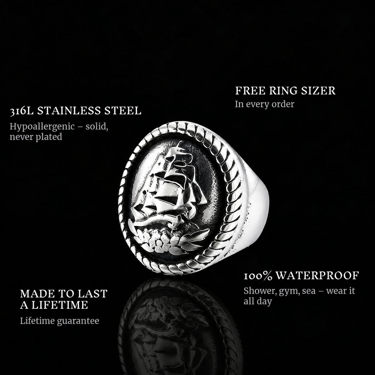 Black Pearl ring features: 316L stainless steel, free ring sizer in every order, 100% waterproof, lifetime guarantee