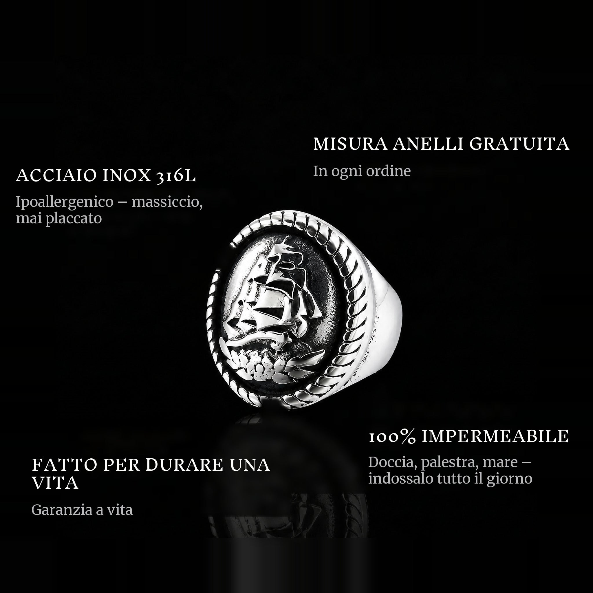 Black Pearl ring features: 316L stainless steel, free ring sizer in every order, 100% waterproof, lifetime guarantee