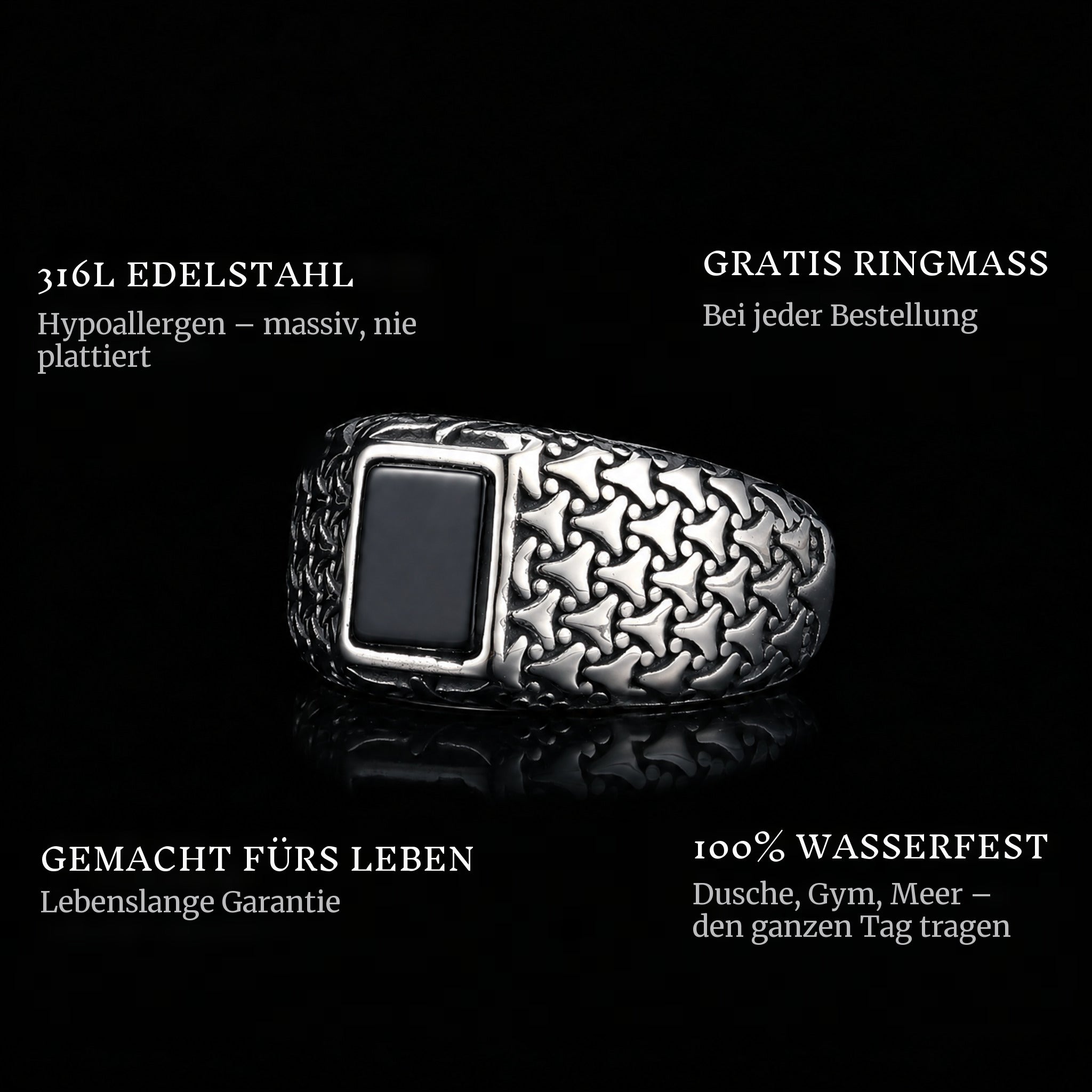 Black Vault ring features: 316L stainless steel, free ring sizer in every order, 100% waterproof, lifetime guarantee