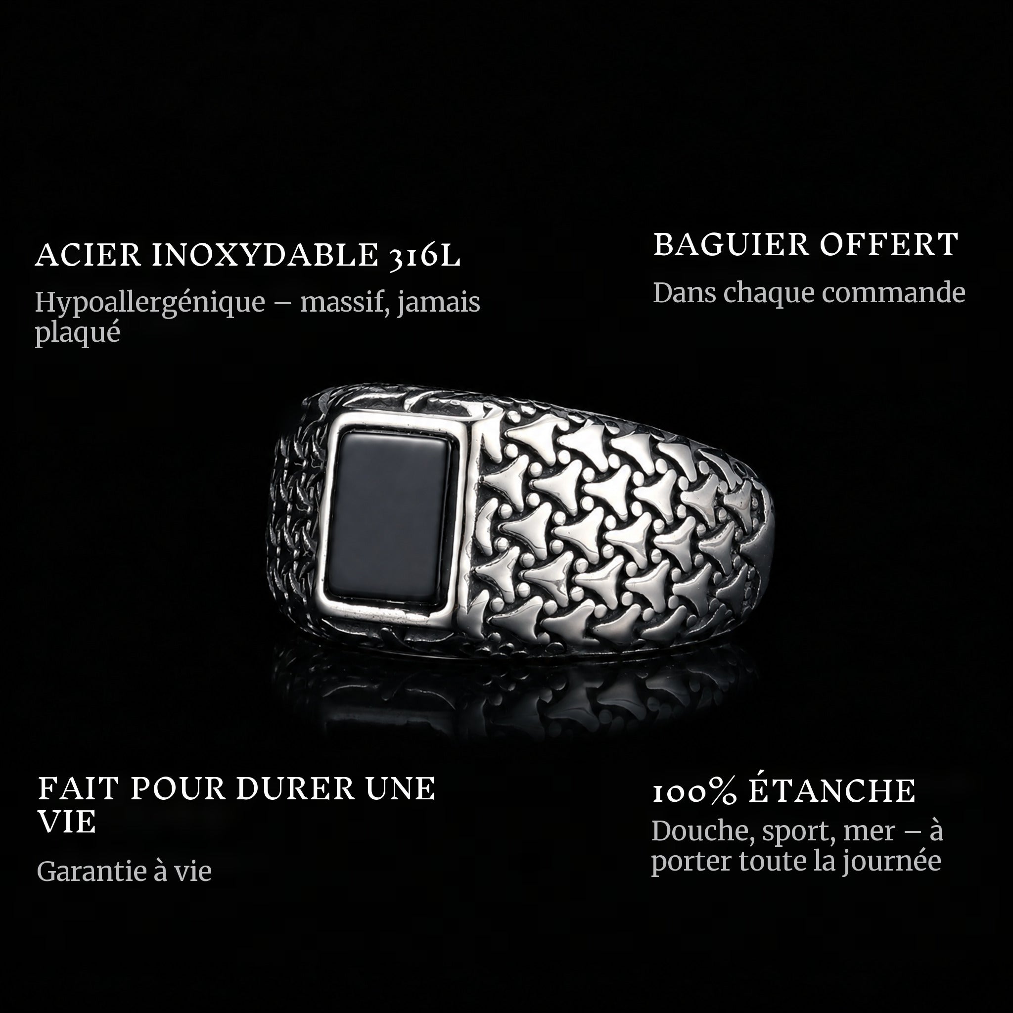Black Vault ring features: 316L stainless steel, free ring sizer in every order, 100% waterproof, lifetime guarantee