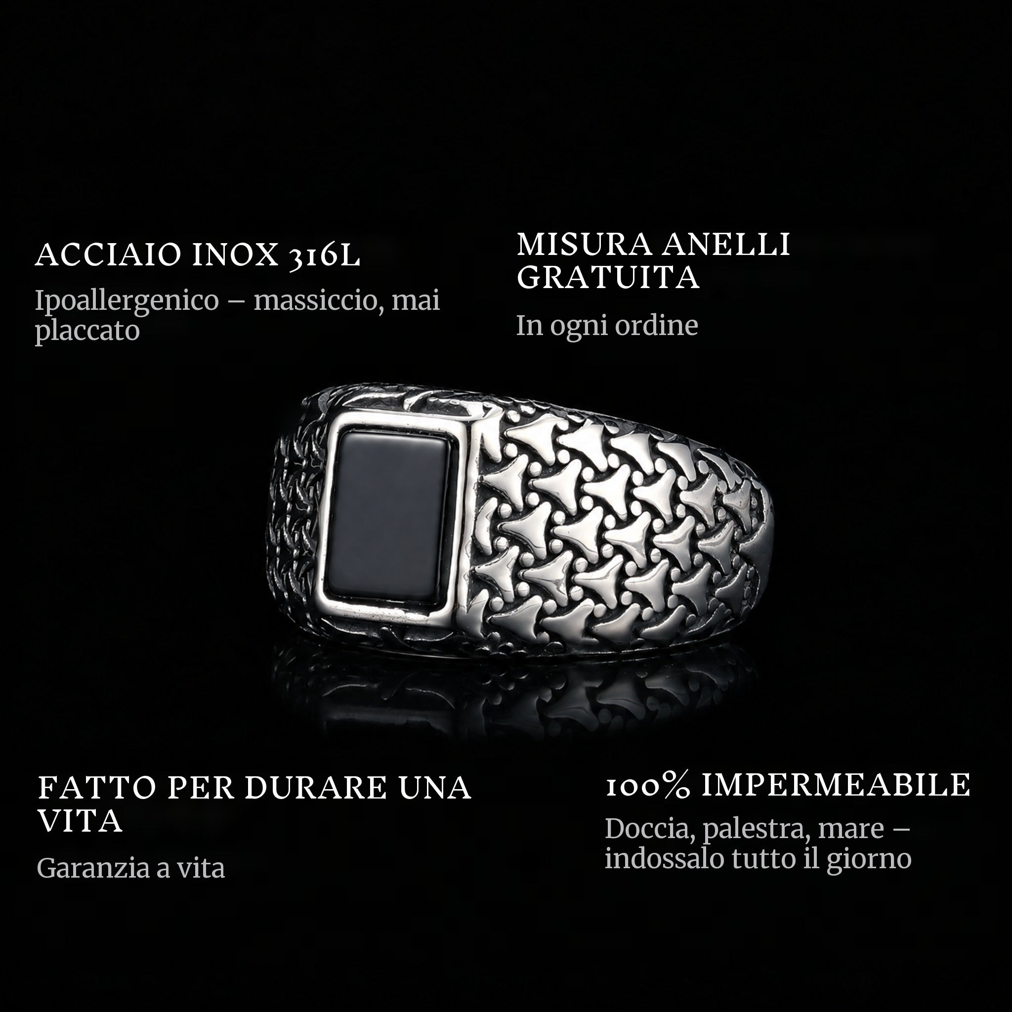 Black Vault ring features: 316L stainless steel, free ring sizer in every order, 100% waterproof, lifetime guarantee