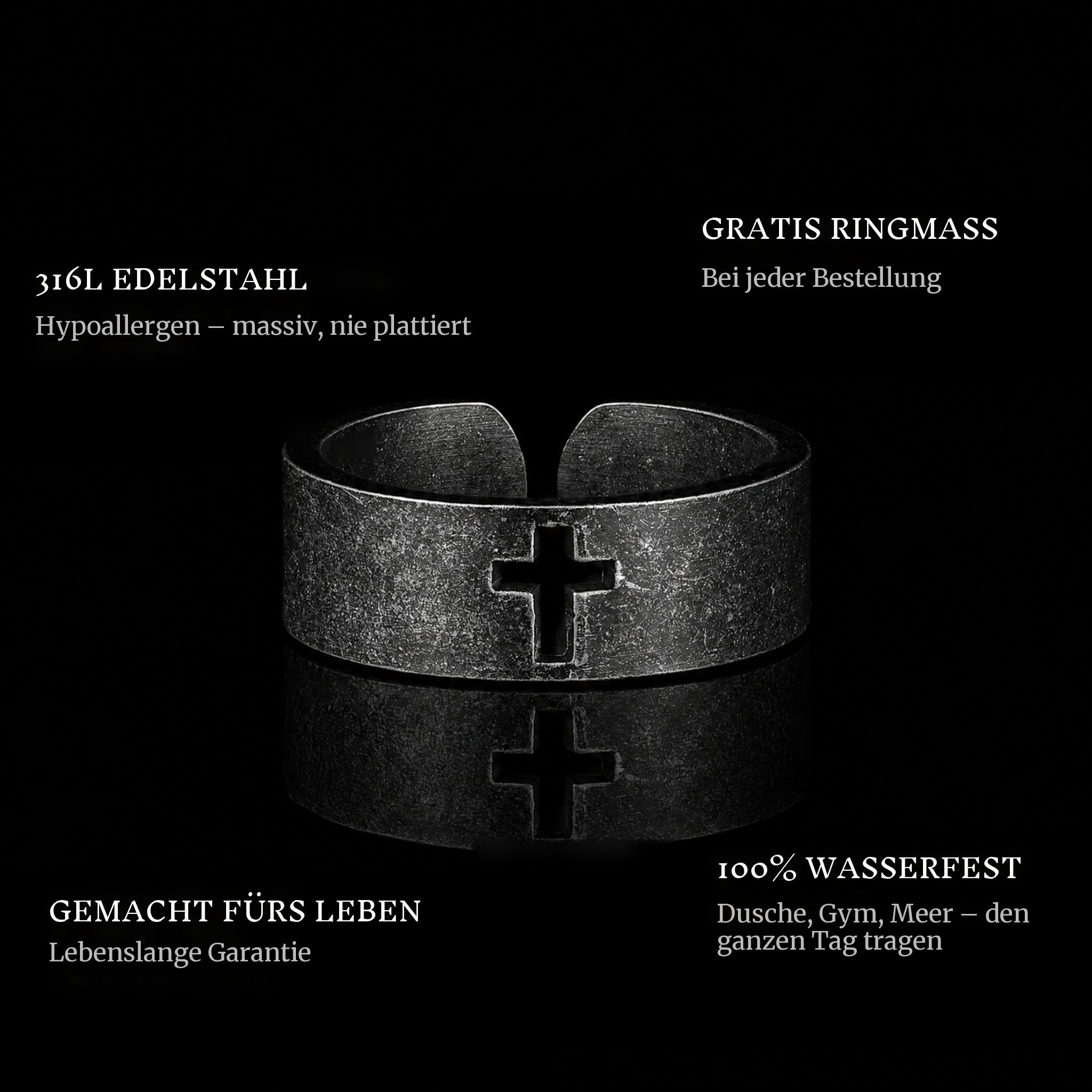 Blacked Cross ring features: 316L stainless steel, free ring sizer in every order, 100% waterproof, lifetime guarantee