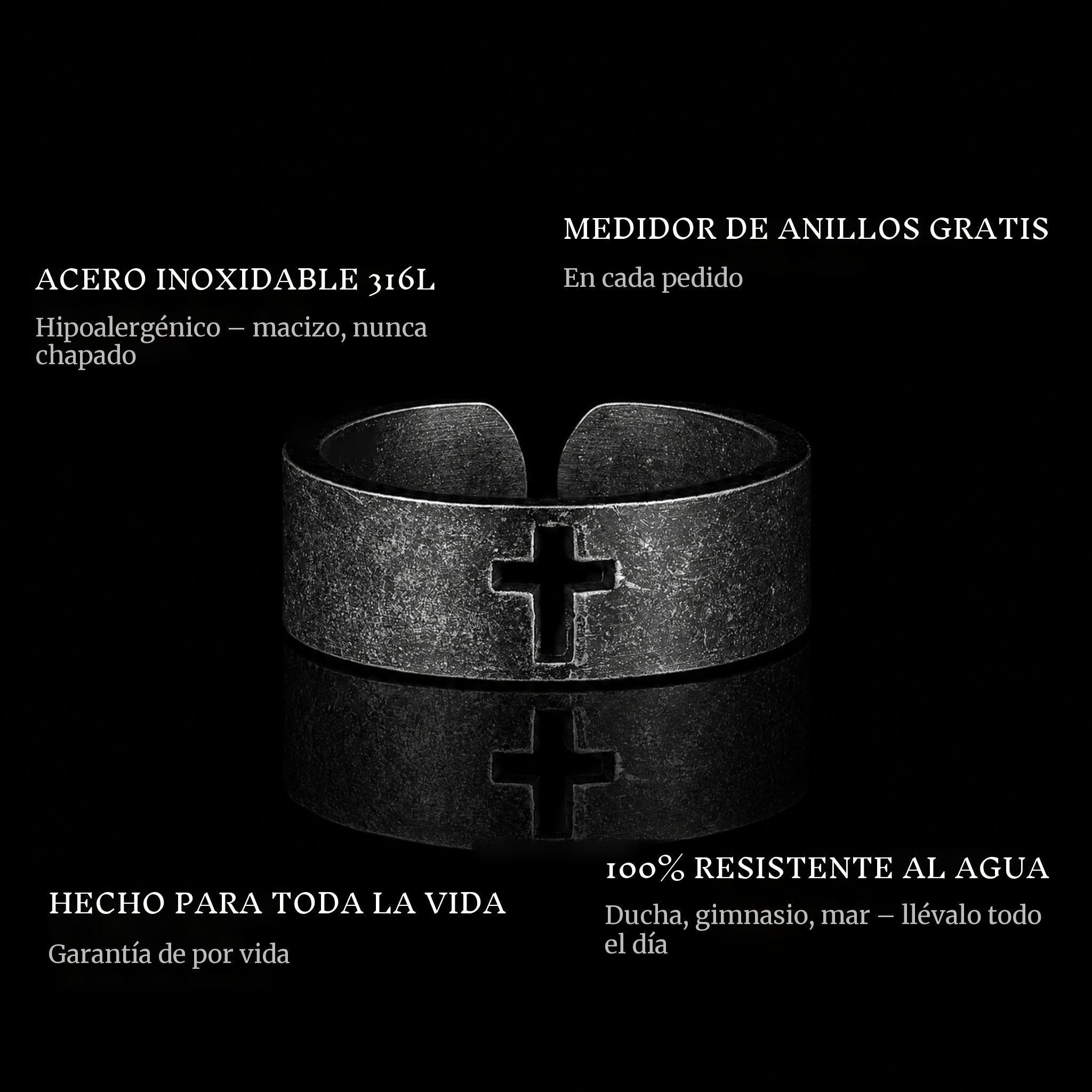 Blacked Cross ring features: 316L stainless steel, free ring sizer in every order, 100% waterproof, lifetime guarantee