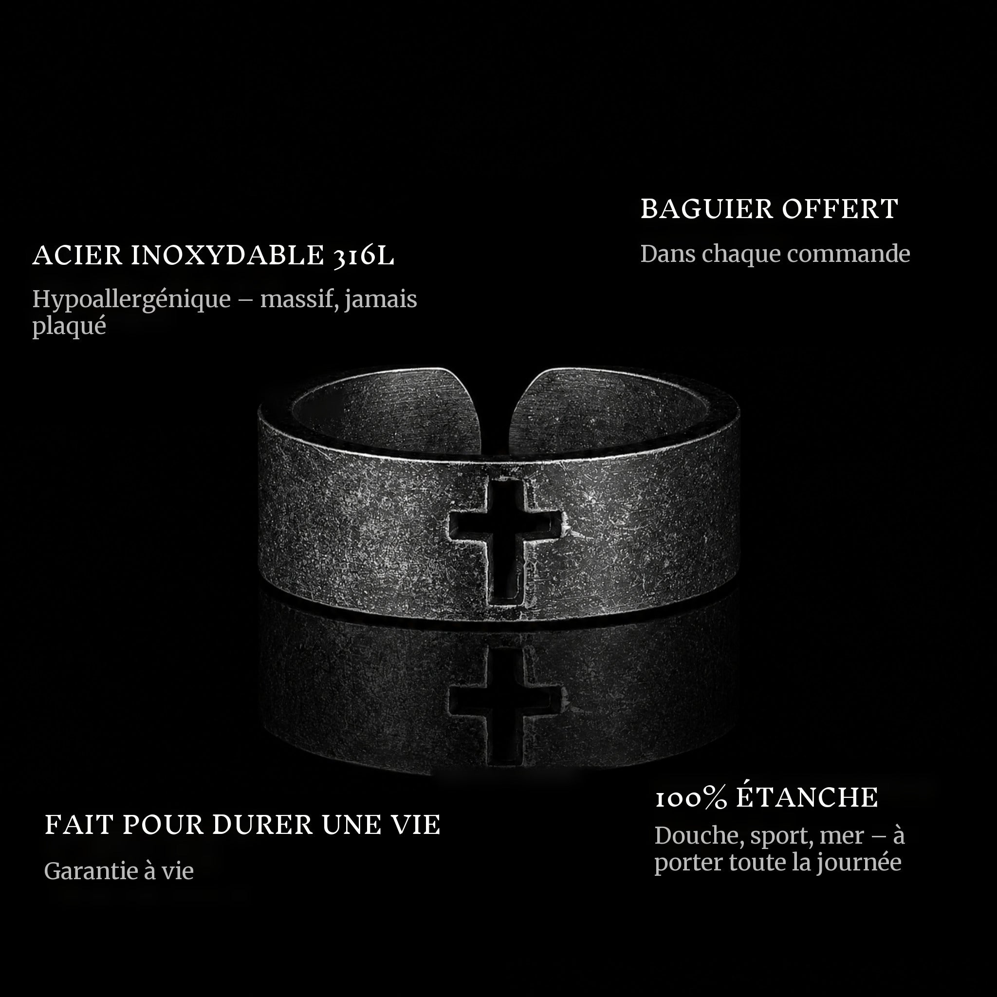 Blacked Cross ring features: 316L stainless steel, free ring sizer in every order, 100% waterproof, lifetime guarantee