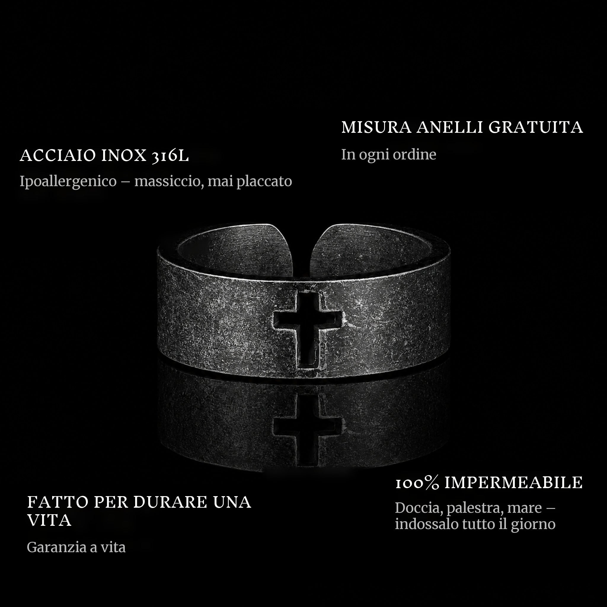 Blacked Cross ring features: 316L stainless steel, free ring sizer in every order, 100% waterproof, lifetime guarantee