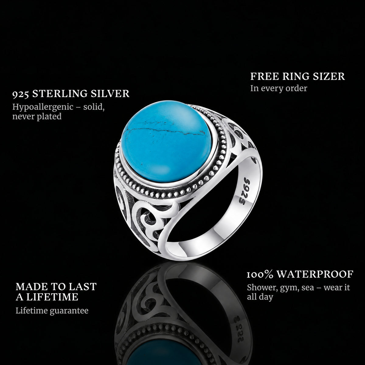 Blue Eyes ring features: 925 sterling silver, free ring sizer in every order, 100% waterproof, lifetime guarantee
