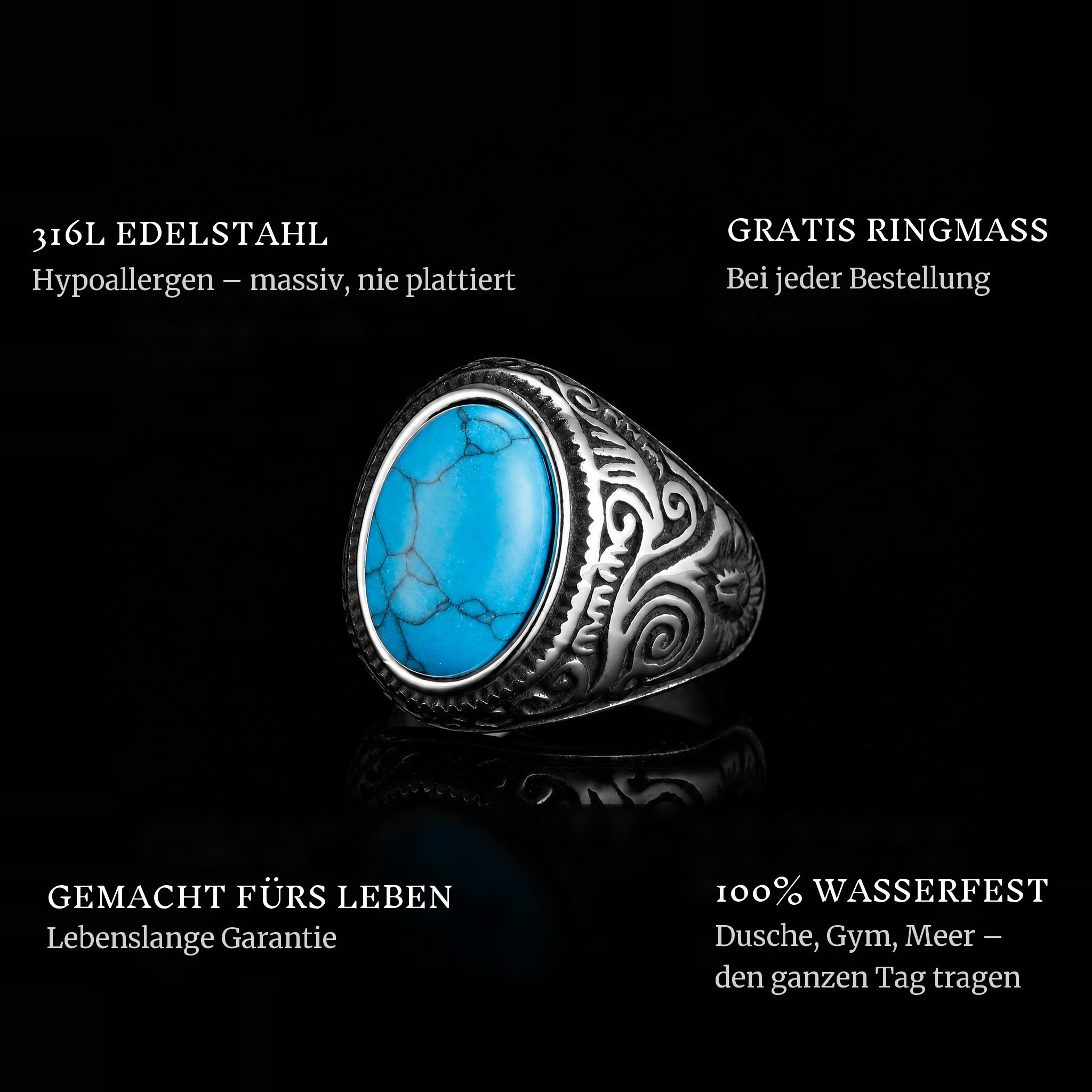 Blue Eyes ring features: 316L stainless steel, free ring sizer in every order, 100% waterproof, lifetime guarantee