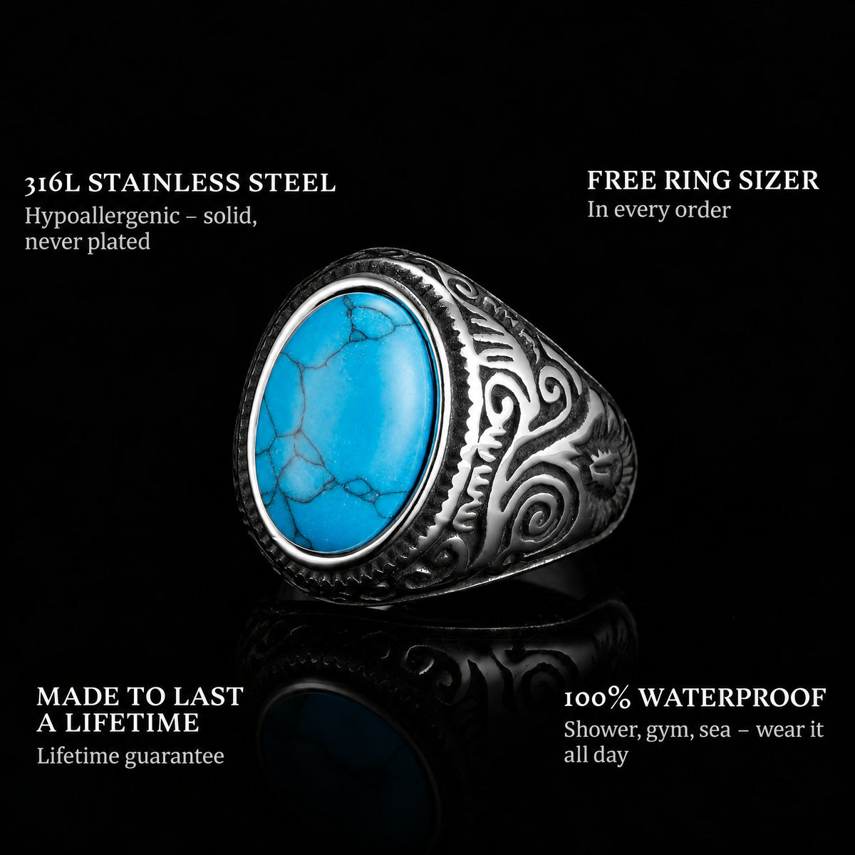 Blue Eyes ring features: 316L stainless steel, free ring sizer in every order, 100% waterproof, lifetime guarantee