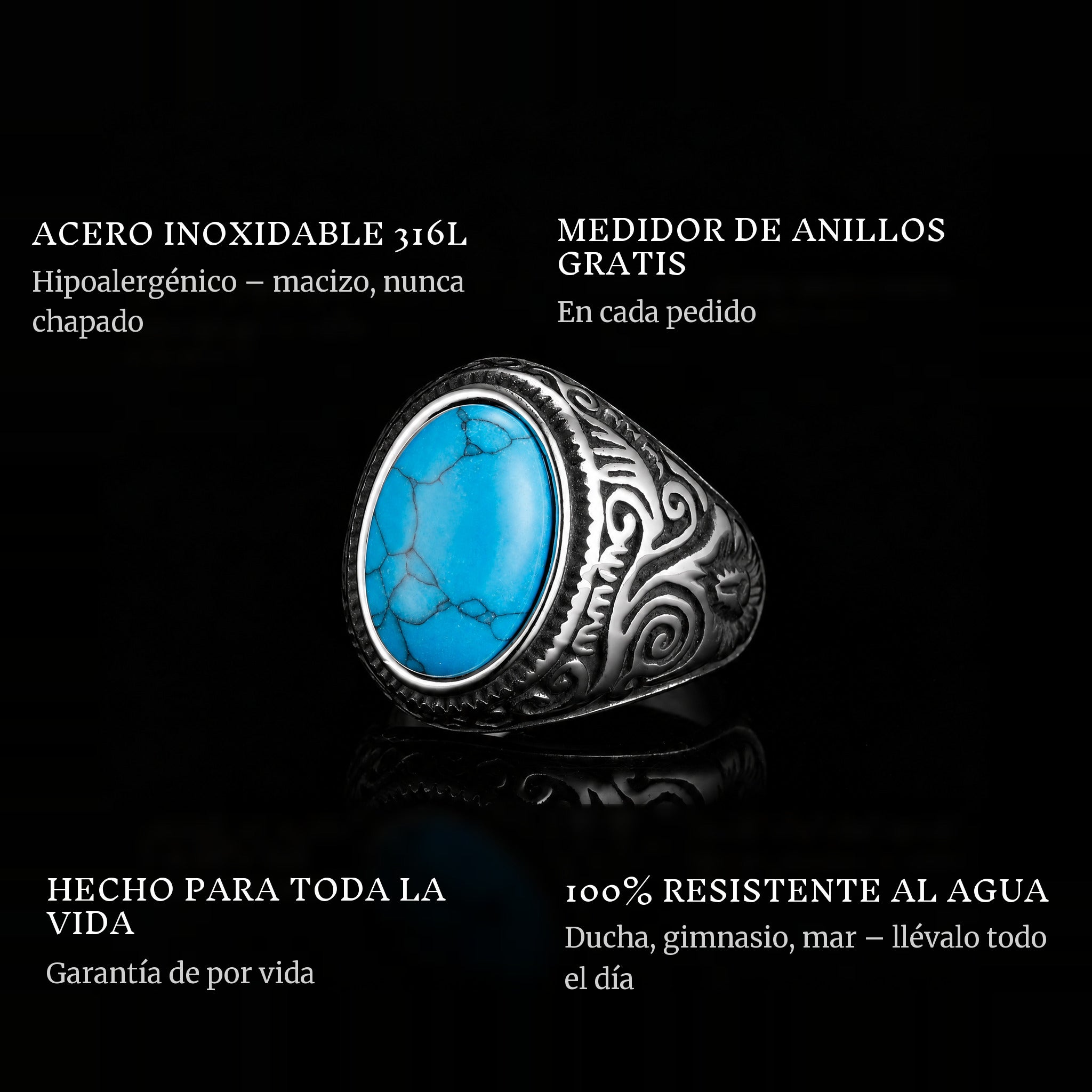 Blue Eyes ring features: 316L stainless steel, free ring sizer in every order, 100% waterproof, lifetime guarantee