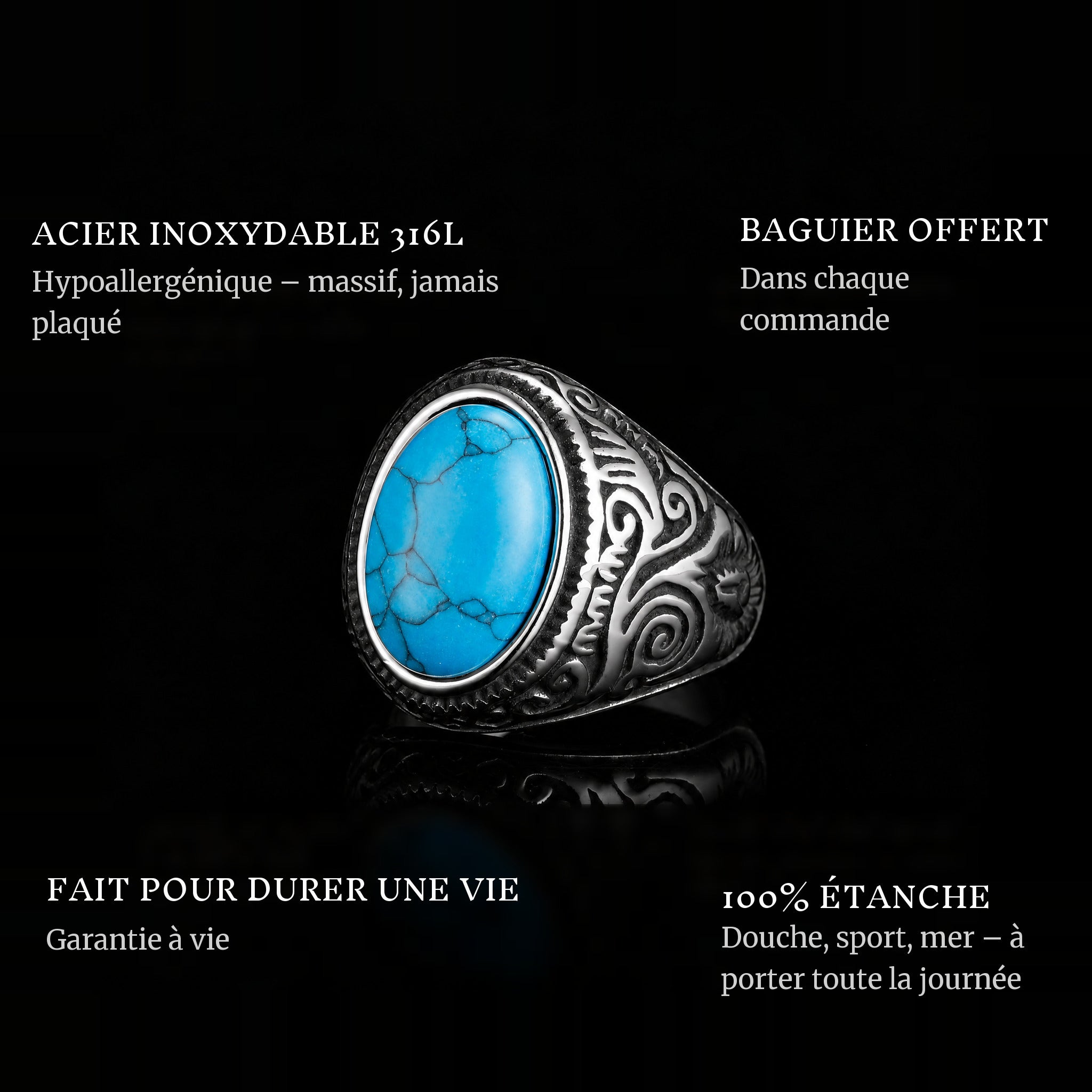 Blue Eyes ring features: 316L stainless steel, free ring sizer in every order, 100% waterproof, lifetime guarantee