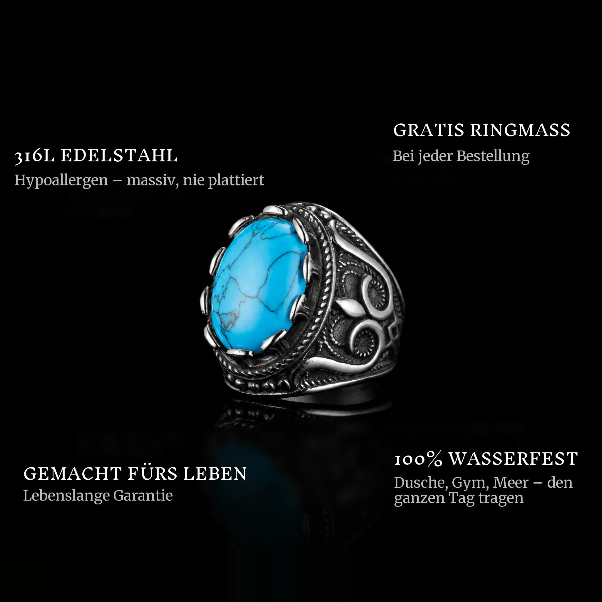 Blue Farao ring features: 316L stainless steel, free ring sizer in every order, 100% waterproof, lifetime guarantee
