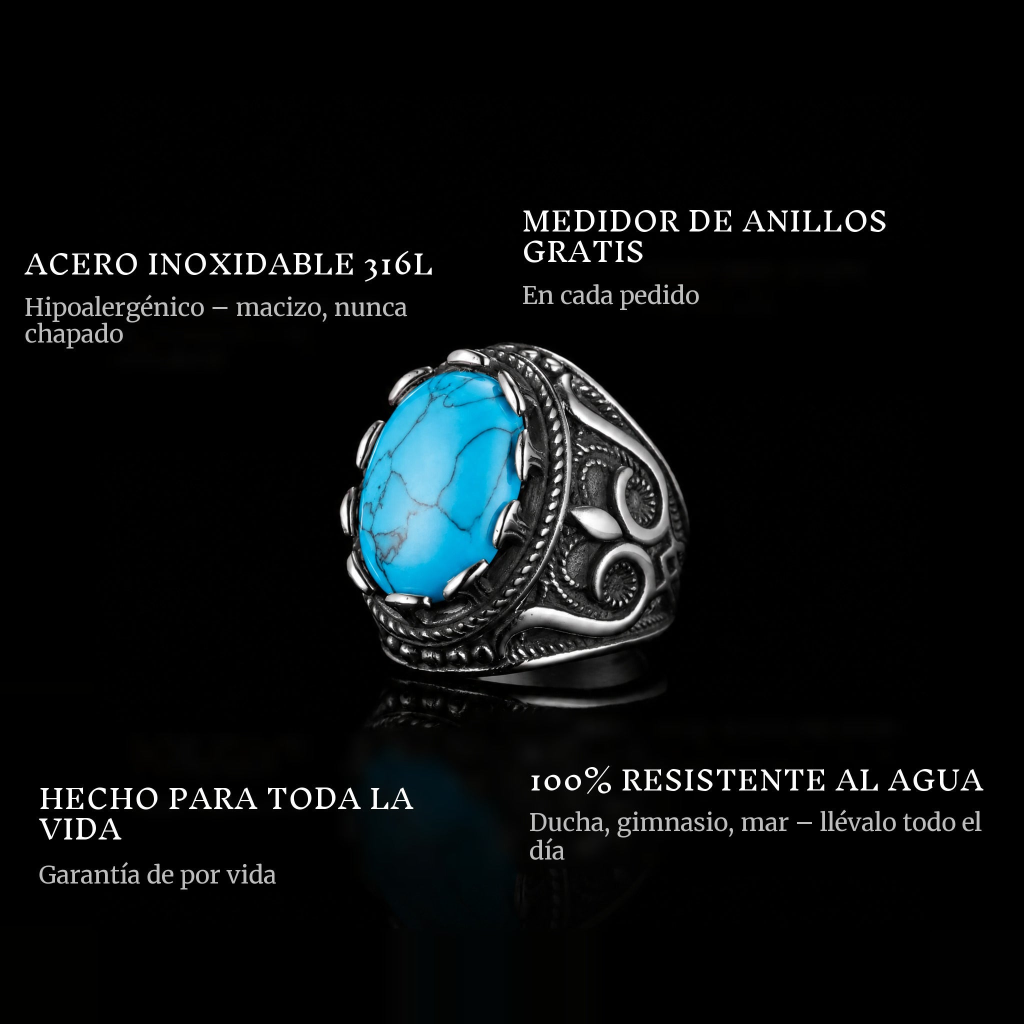 Blue Farao ring features: 316L stainless steel, free ring sizer in every order, 100% waterproof, lifetime guarantee